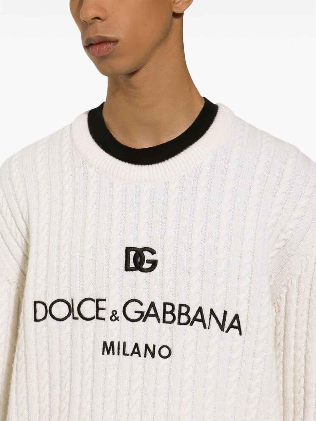 Dolce & Gabbana White Cable Knit Logo Crew Neck Sweater