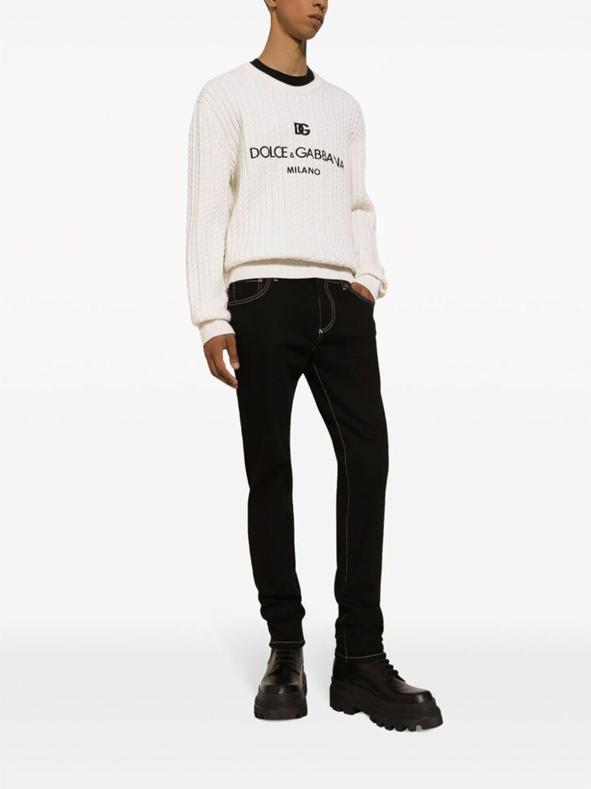 Dolce & Gabbana White Cable Knit Logo Crew Neck Sweater
