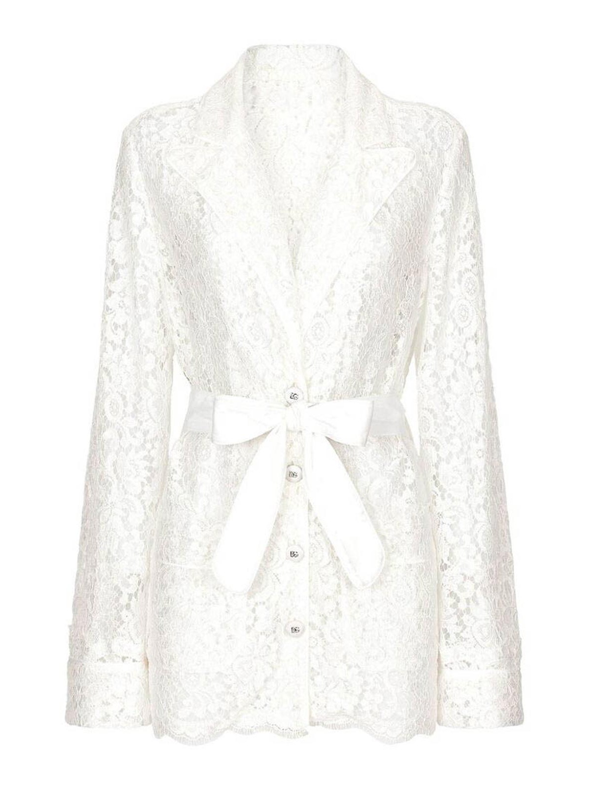 Shop Dolce & Gabbana White Lace Applique Logo Belted Jacket