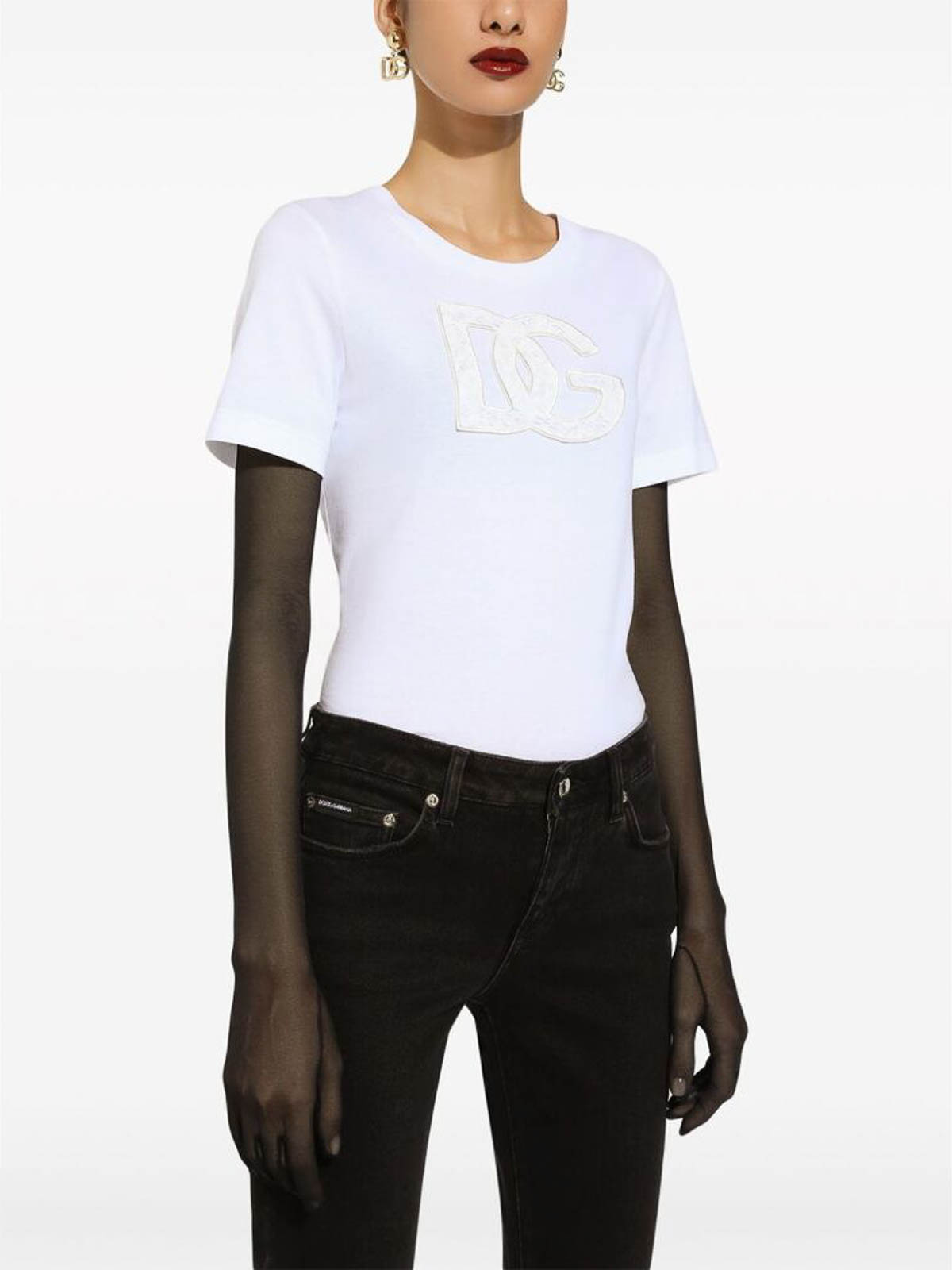 Shop Dolce & Gabbana White Logo Patch Round Neck  T-shirt