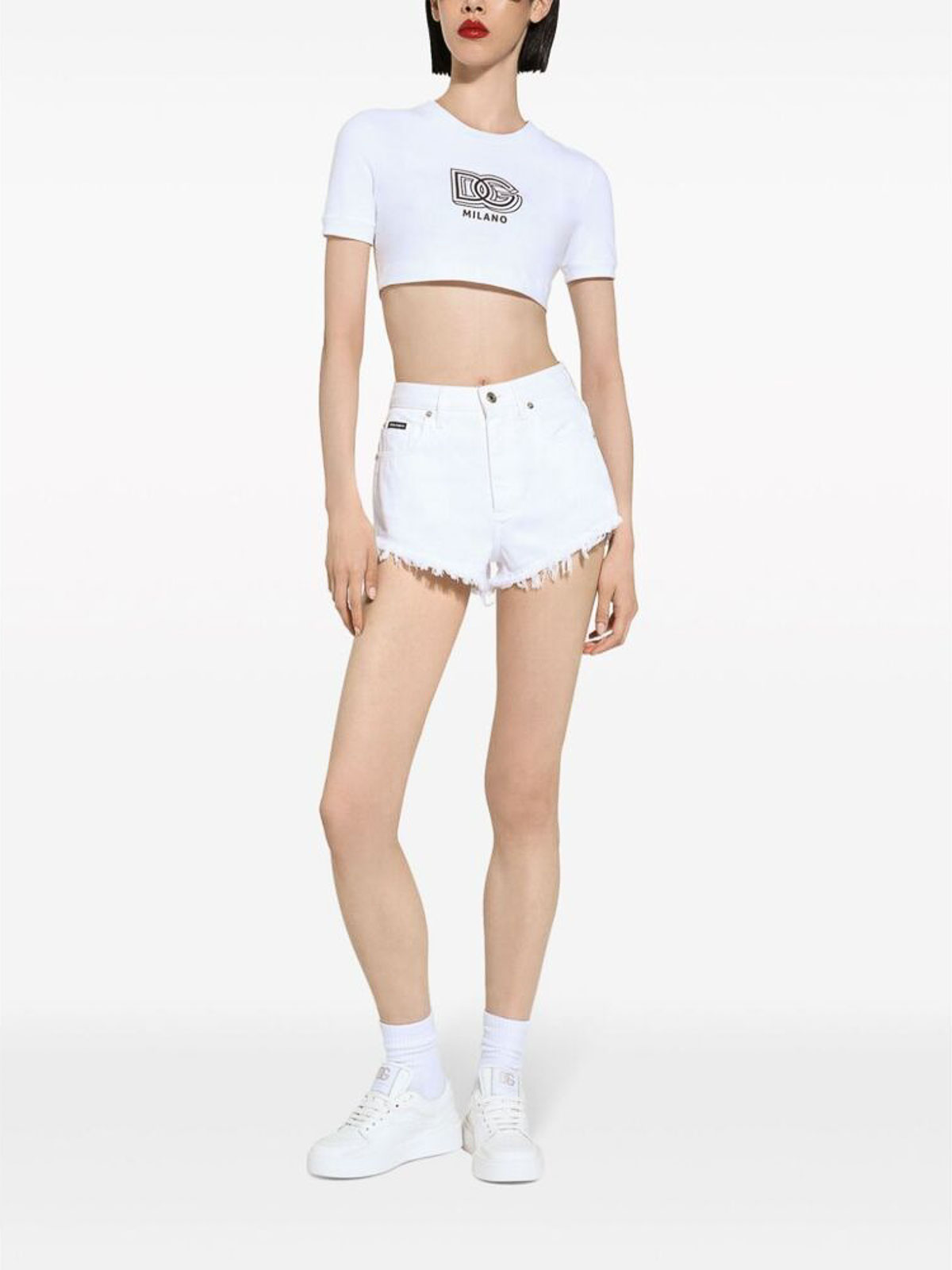 Shop Dolce & Gabbana White Logo Print Round Neck Crop  T-shirt