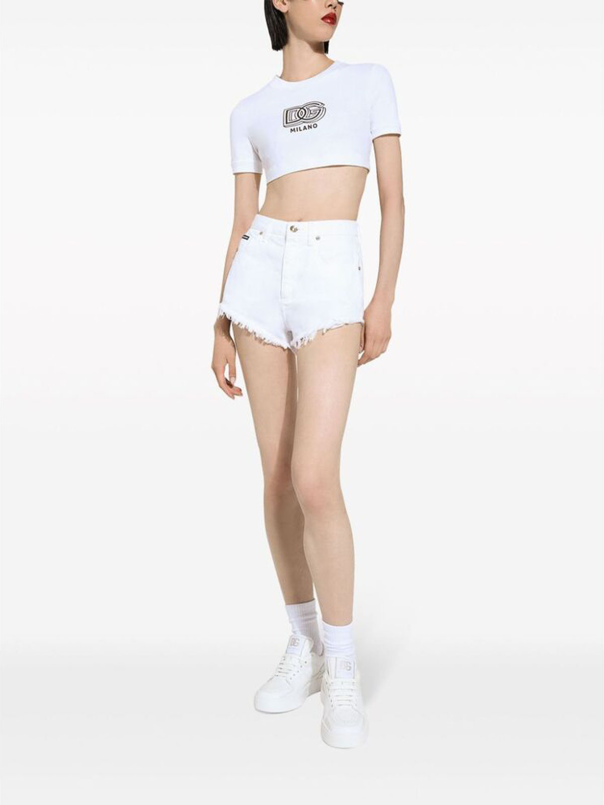 Shop Dolce & Gabbana White Logo Print Round Neck Crop  T-shirt