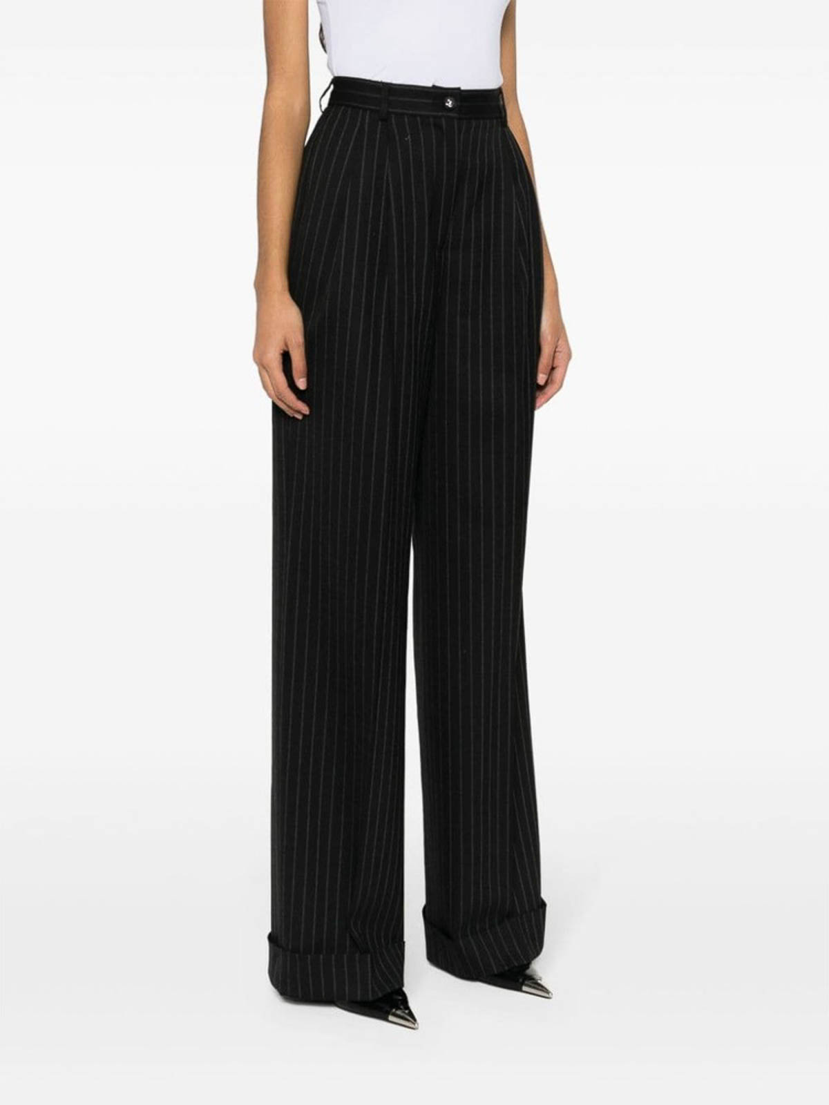 Shop Dolce & Gabbana Black Pinstripe Logo Button Pants