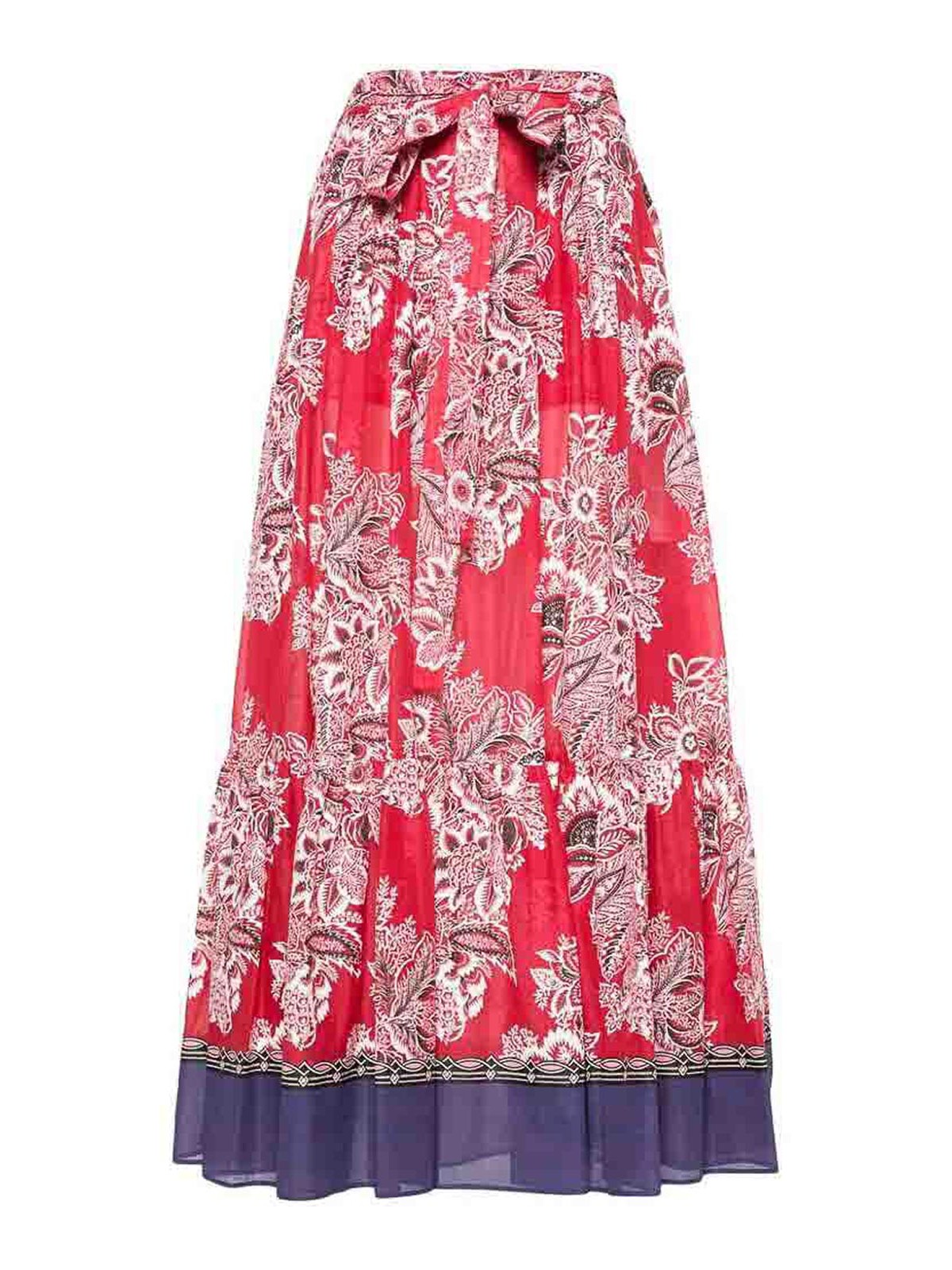 Shop Etro Brick Red Floral Print Pleated Tiered Skirt