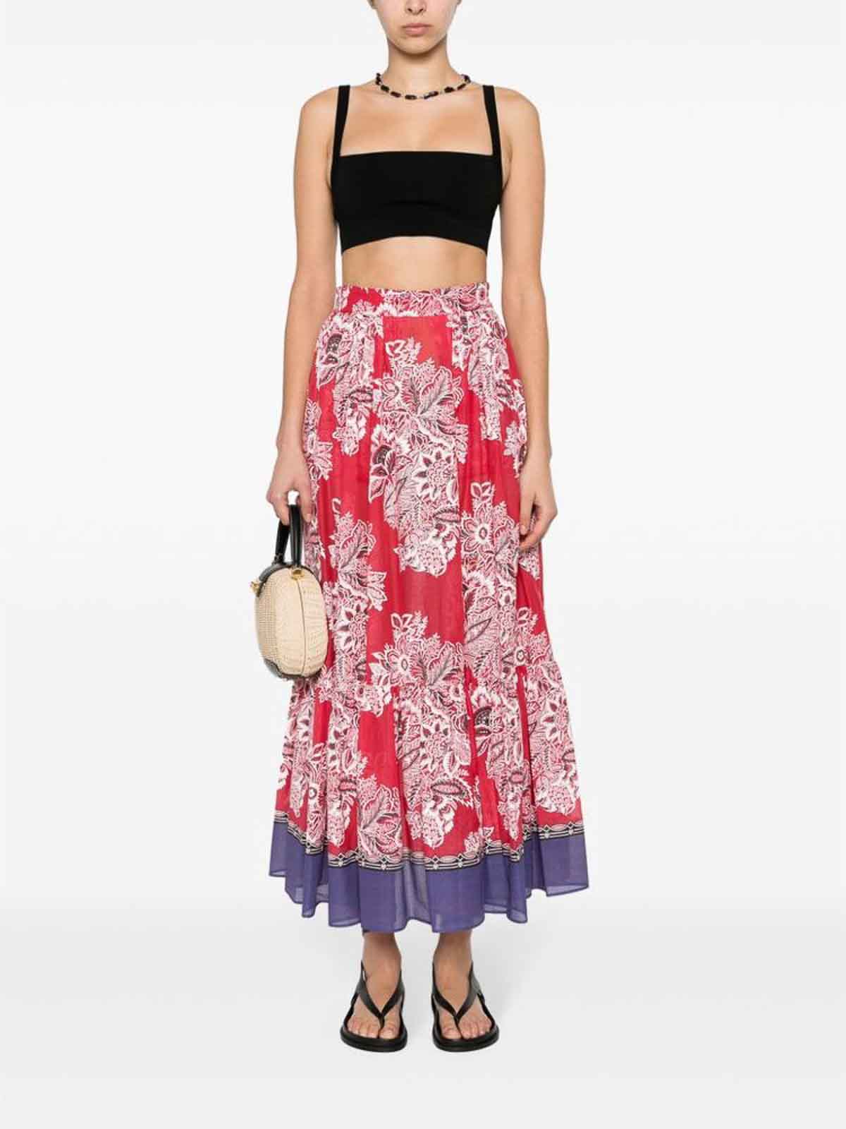 Shop Etro Brick Red Floral Print Pleated Tiered Skirt