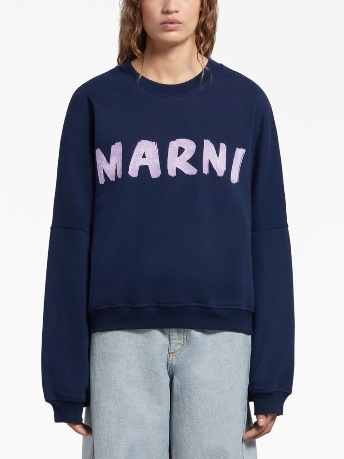 Shop Marni Navy Logo-print Sweatshirt In Blue