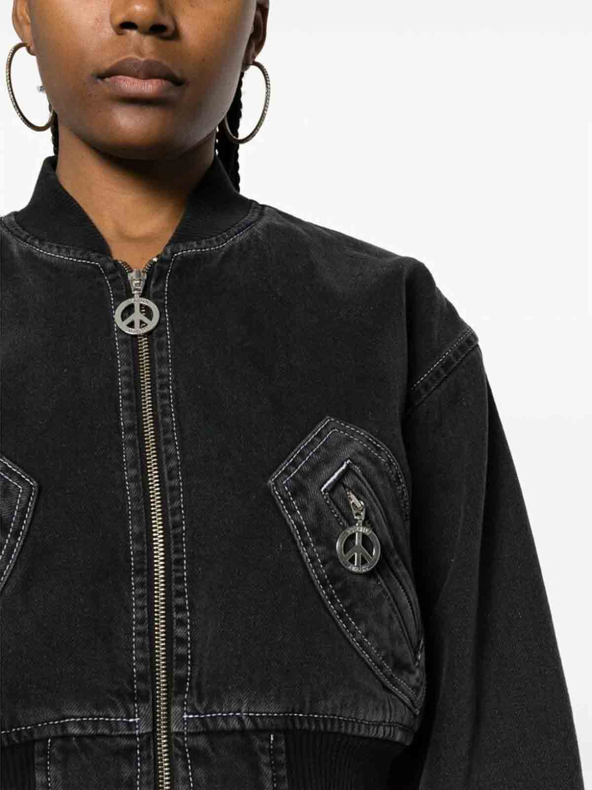 Shop Moschino Black Stand-up Collar Denim Jacket