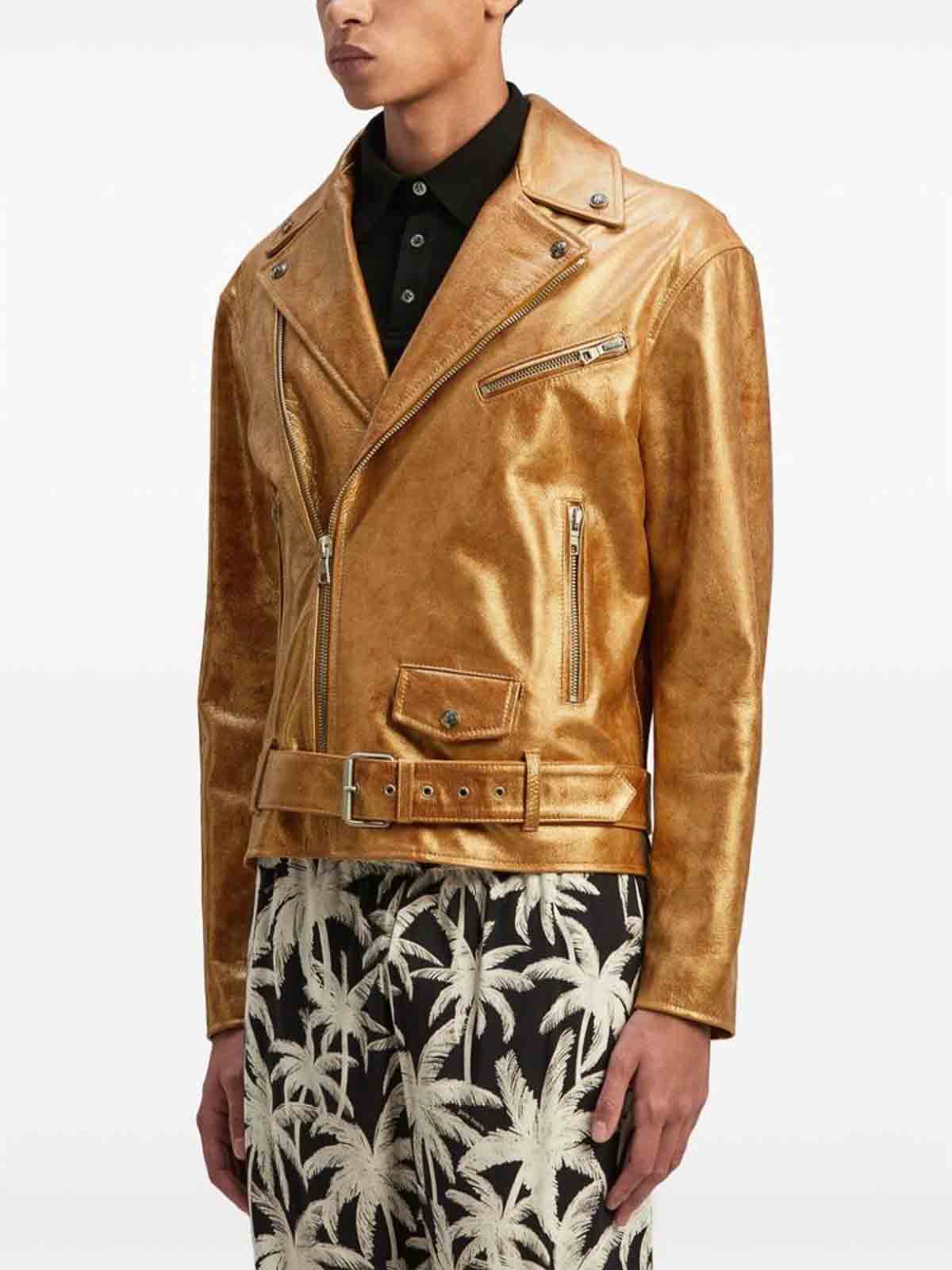 Shop Palm Angels Gold-tone Logo Moto Jacket