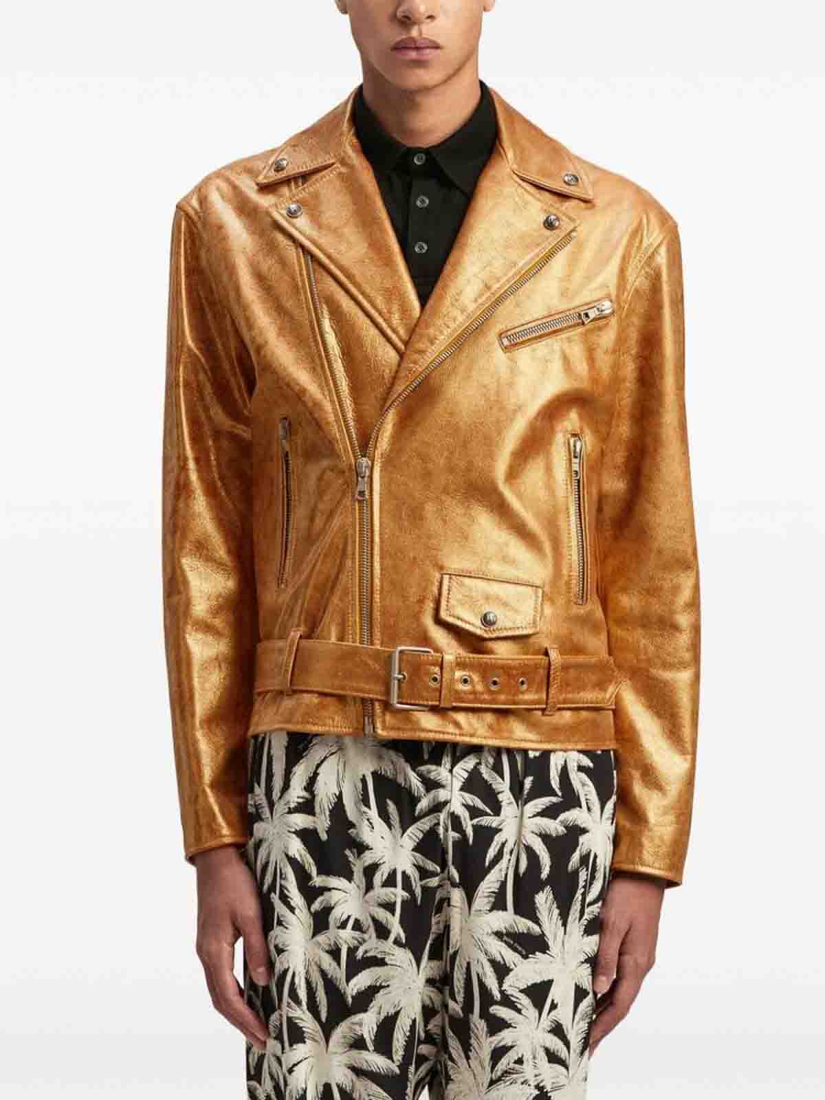 Shop Palm Angels Gold-tone Logo Moto Jacket