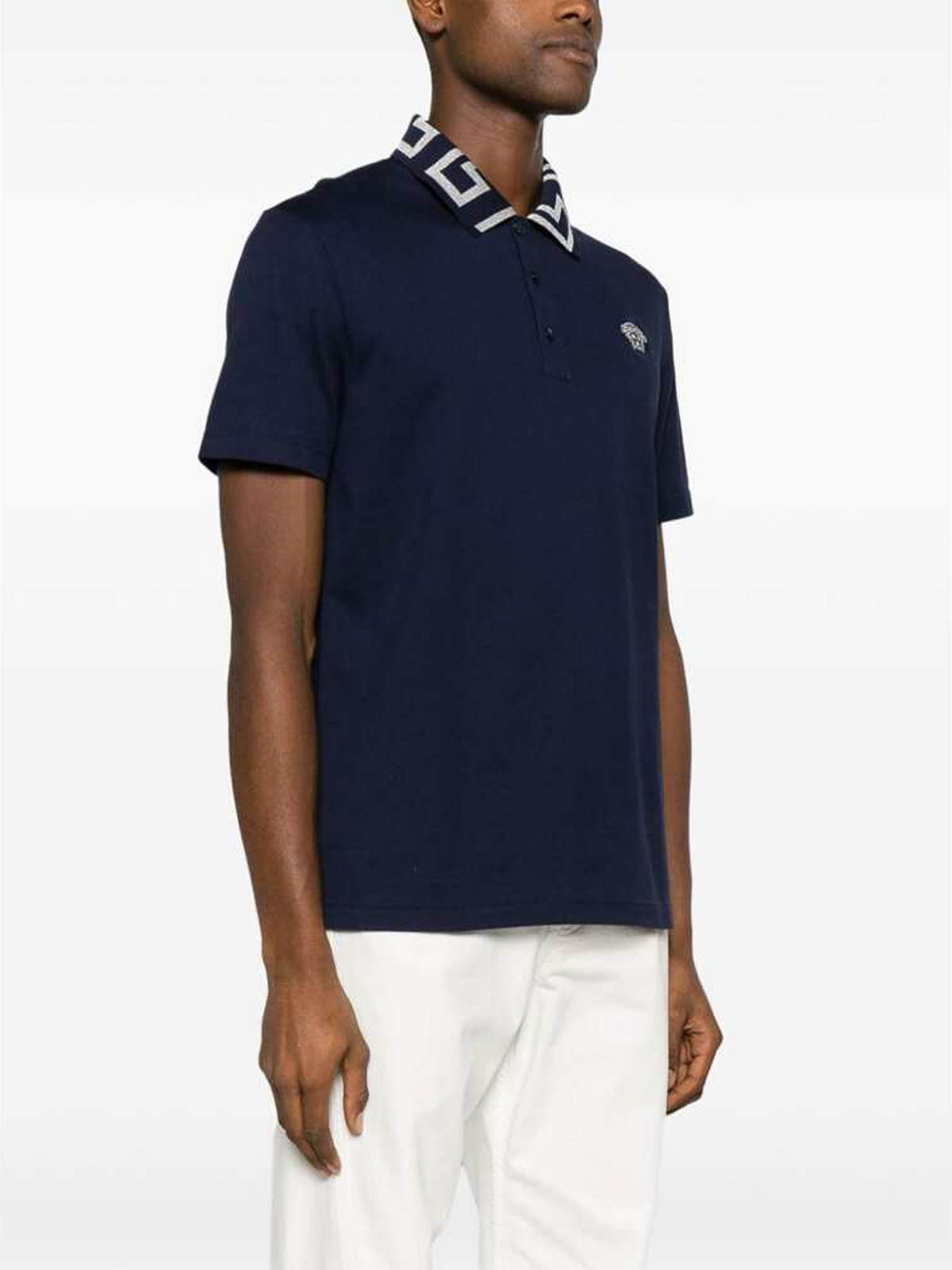 Shop Versace Navy Blue Pique' Logo Polo Shirt