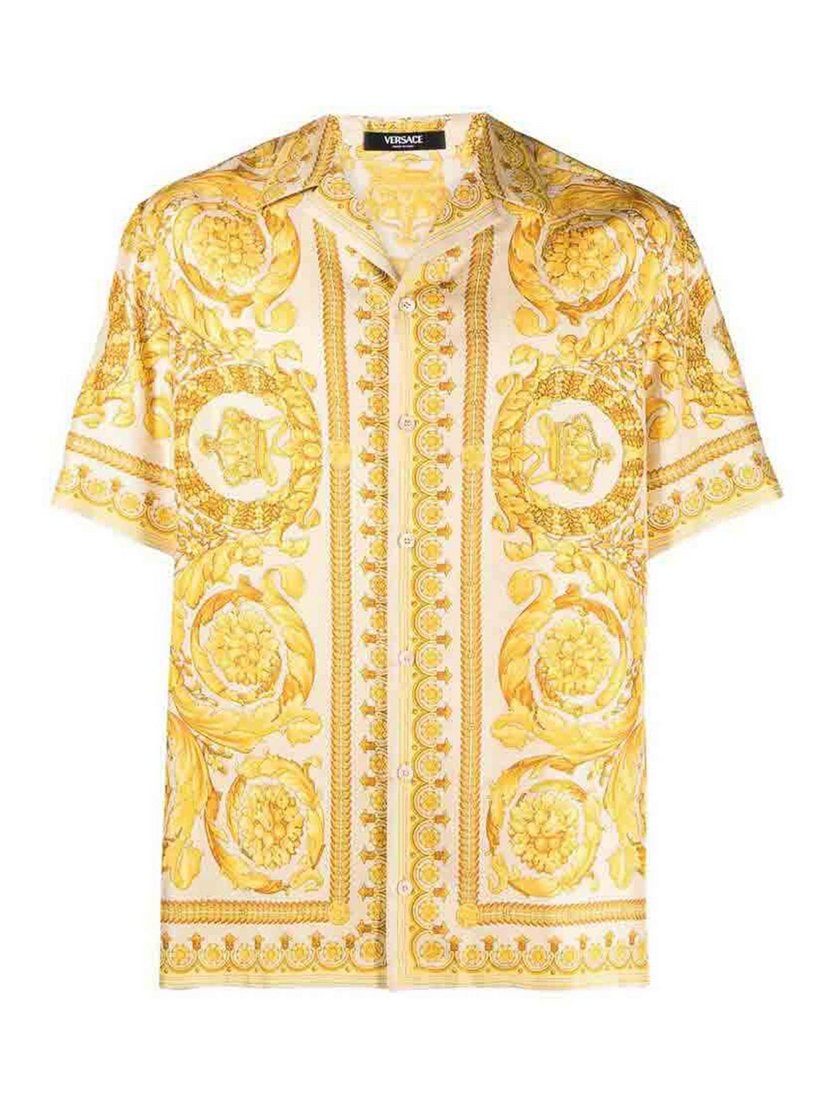 Shop Versace Beigeyellow Signature Barocco Print Shirt In Yellow