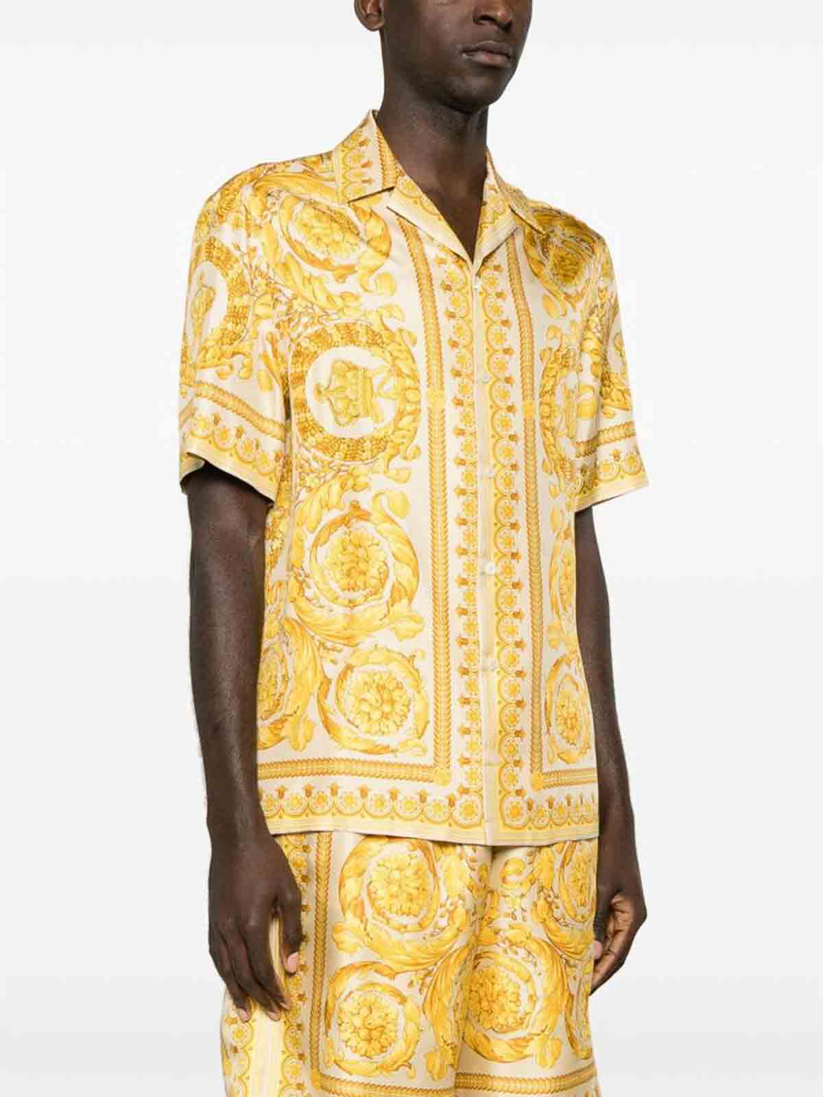 Shop Versace Beigeyellow Signature Barocco Print Shirt In Yellow