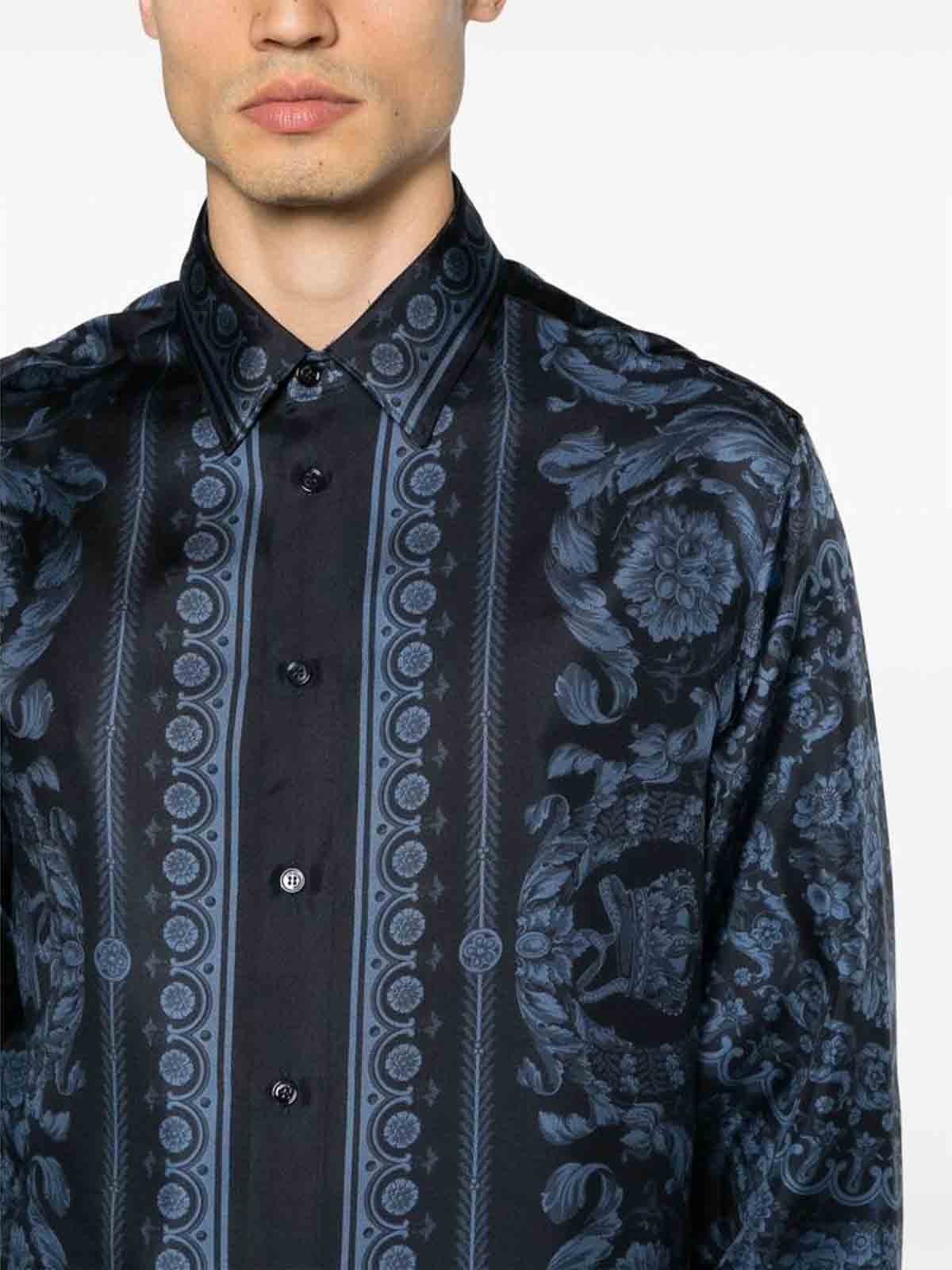Shop Versace Navy Blue Logo Print Shirt