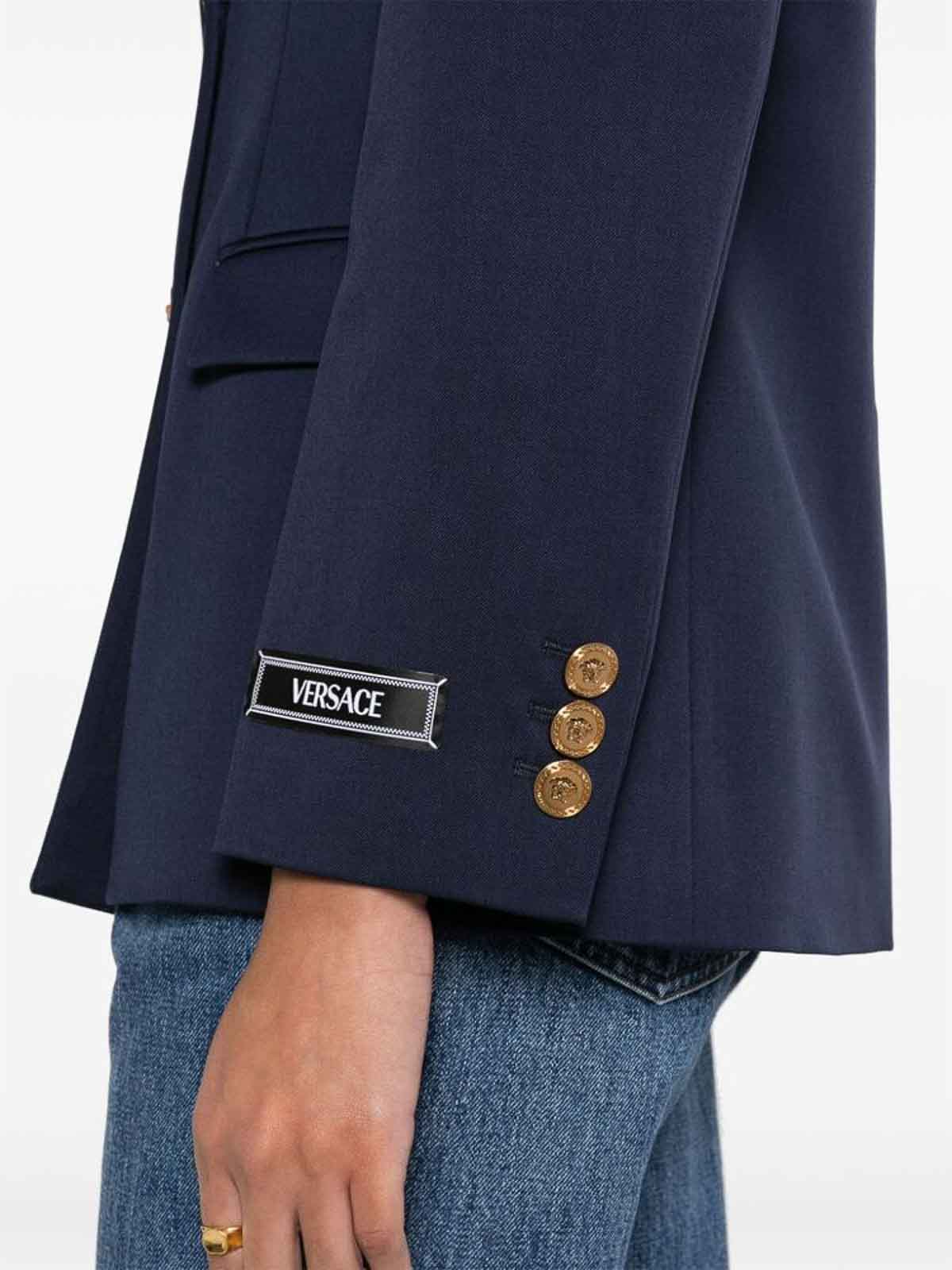 Shop Versace Navy Blue Stretch-wool Logo Blazer