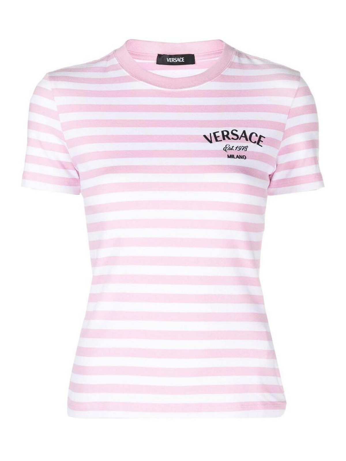 Versace Striped Logo-embroidered Cotton T-shirt In Pink