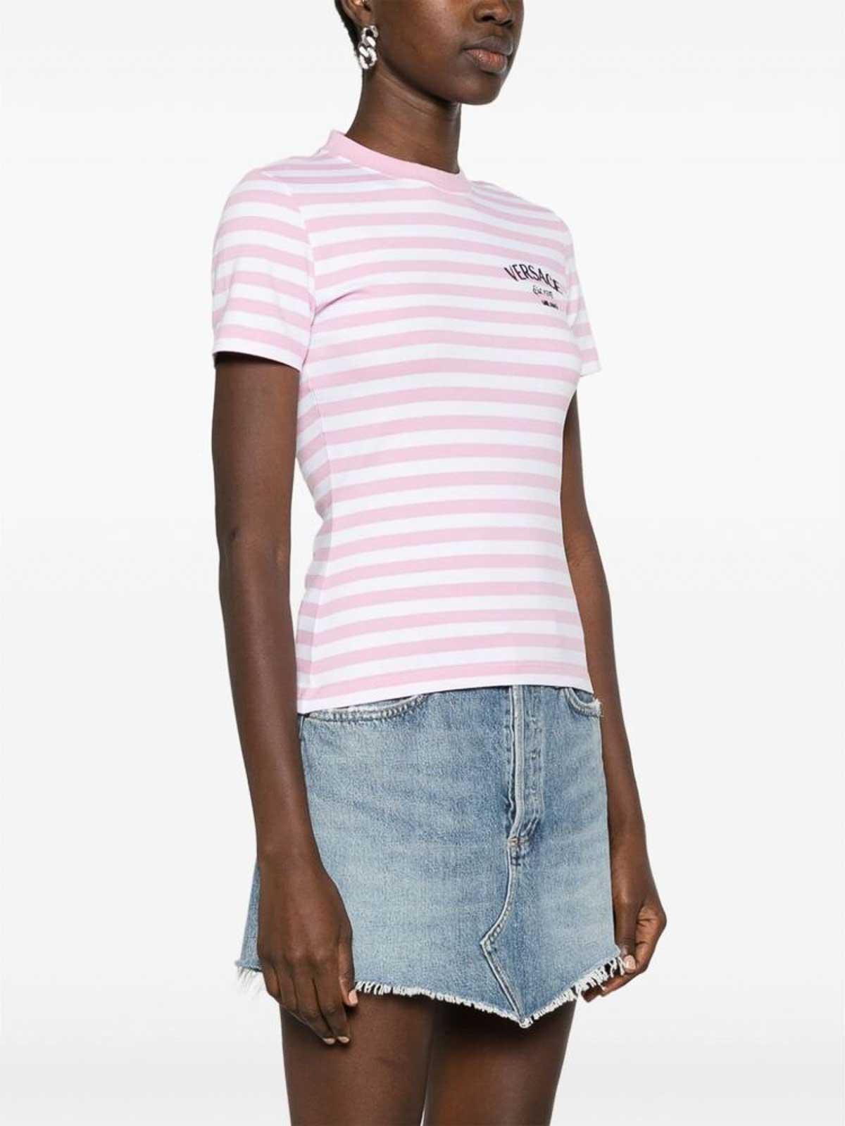 Shop Versace Whitepink Striped Logo T-shirt