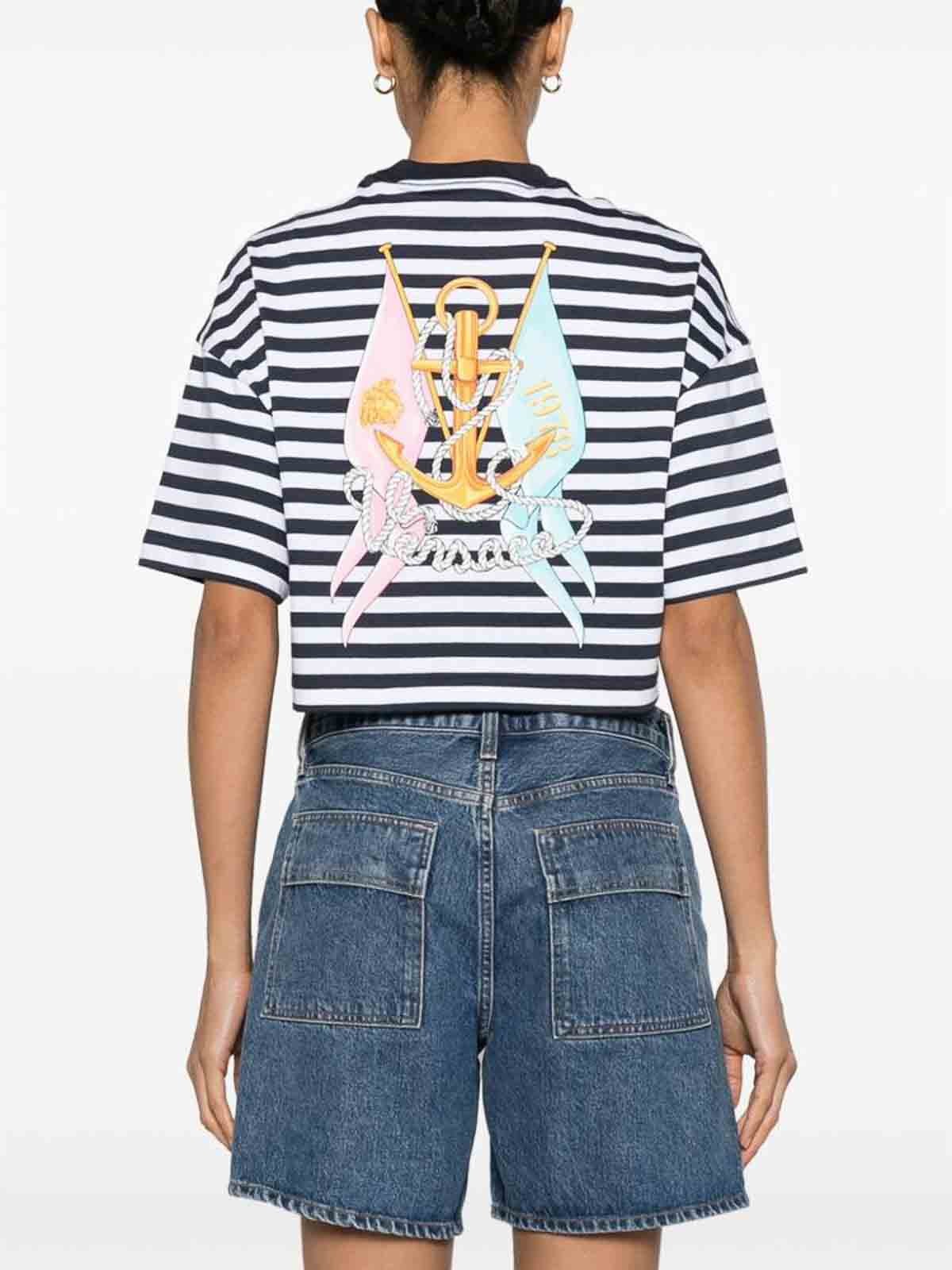 Shop Versace Whitenavy Blue Striped Logo T-shirt