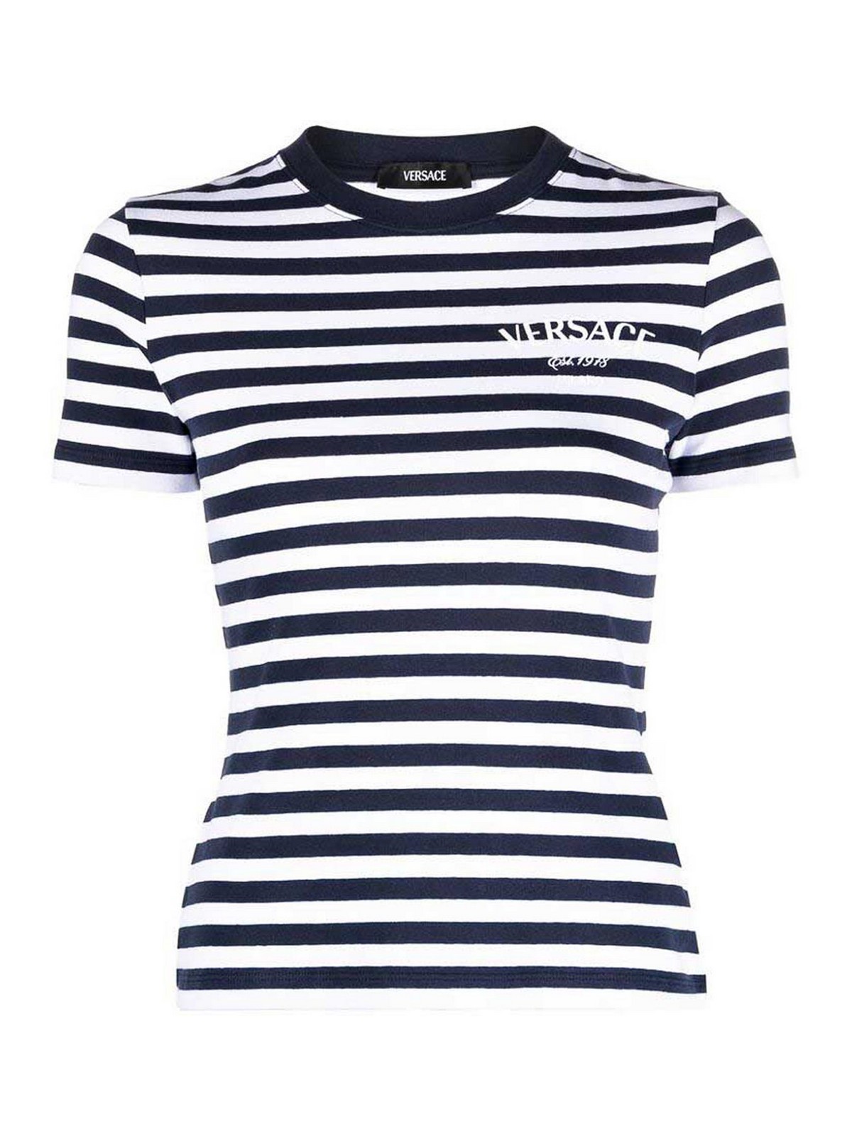 Shop Versace Whitenavy Blue Striped Logo T-shirt