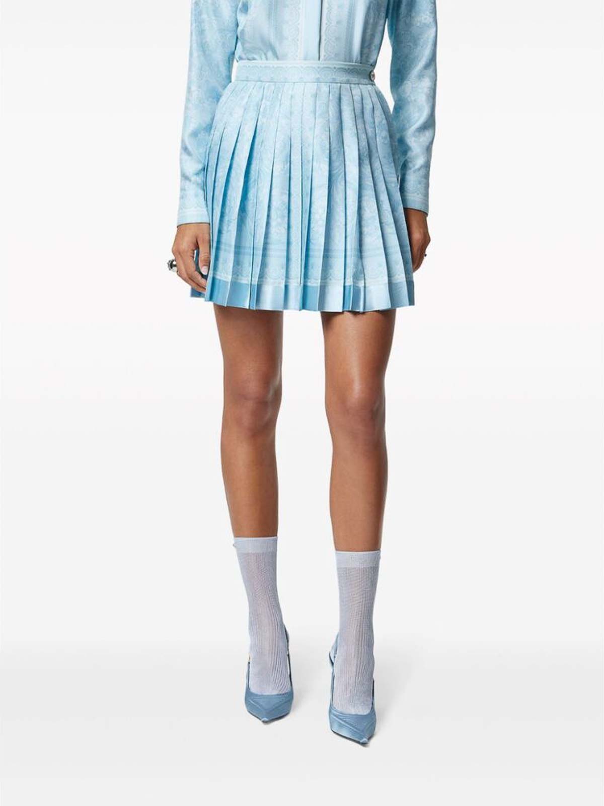 Shop Versace Light Blue Barocco Print Skirt