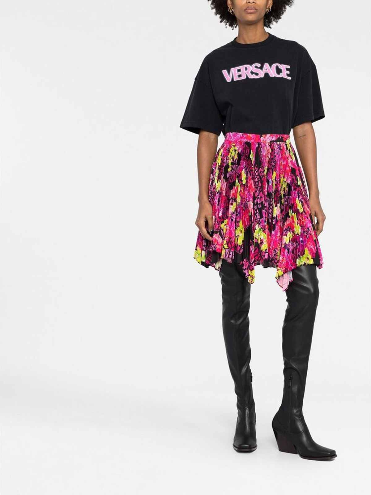 Shop Versace Pink Logo-print Pleated Skirt In Nude & Neutrals
