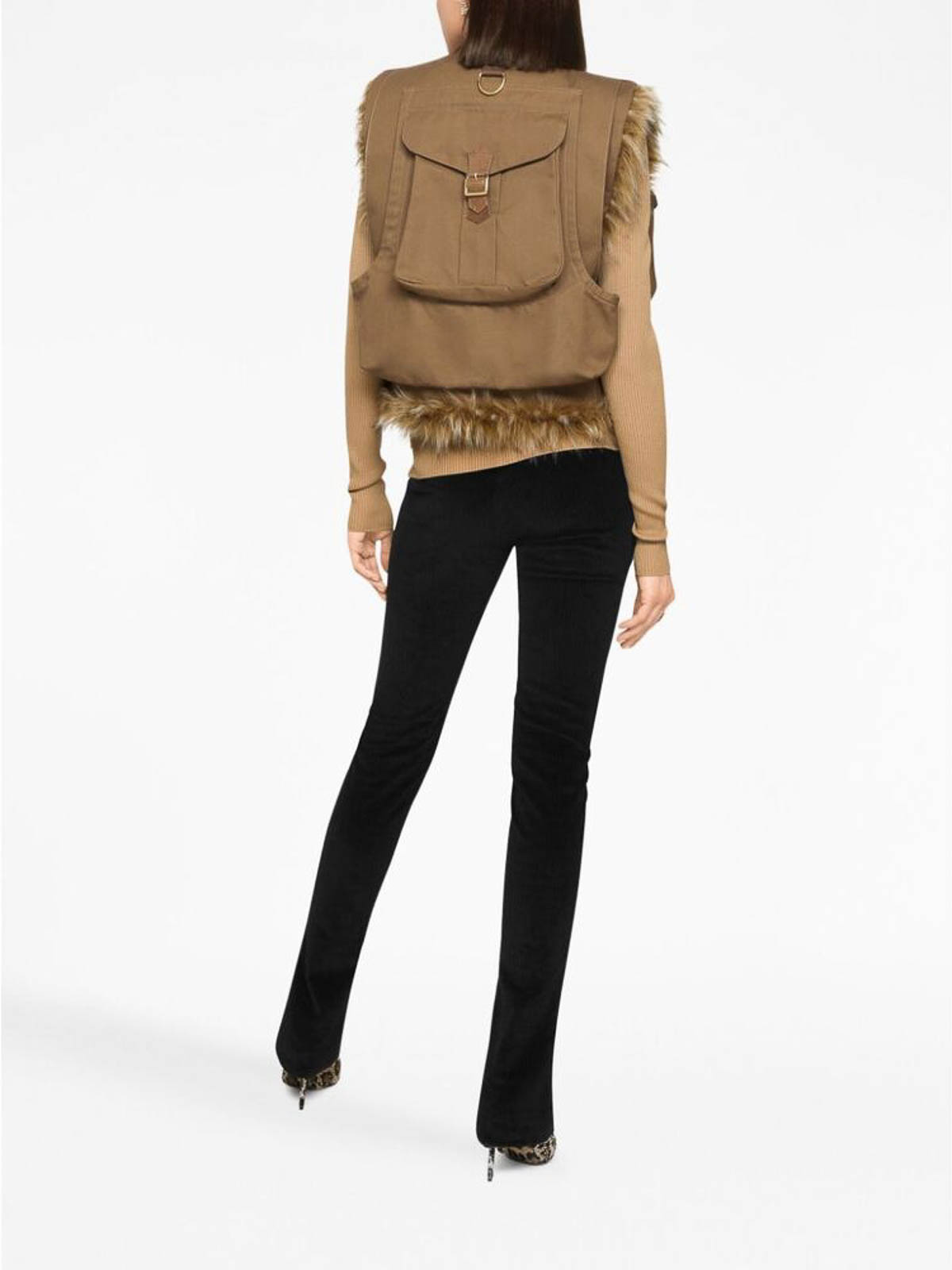 Shop Dolce & Gabbana Faux-fur Trimmed Multi-pocket Waistcoat In Brown