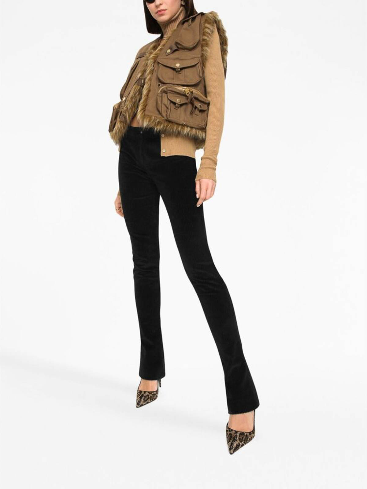 Shop Dolce & Gabbana Faux-fur Trimmed Multi-pocket Waistcoat In Brown