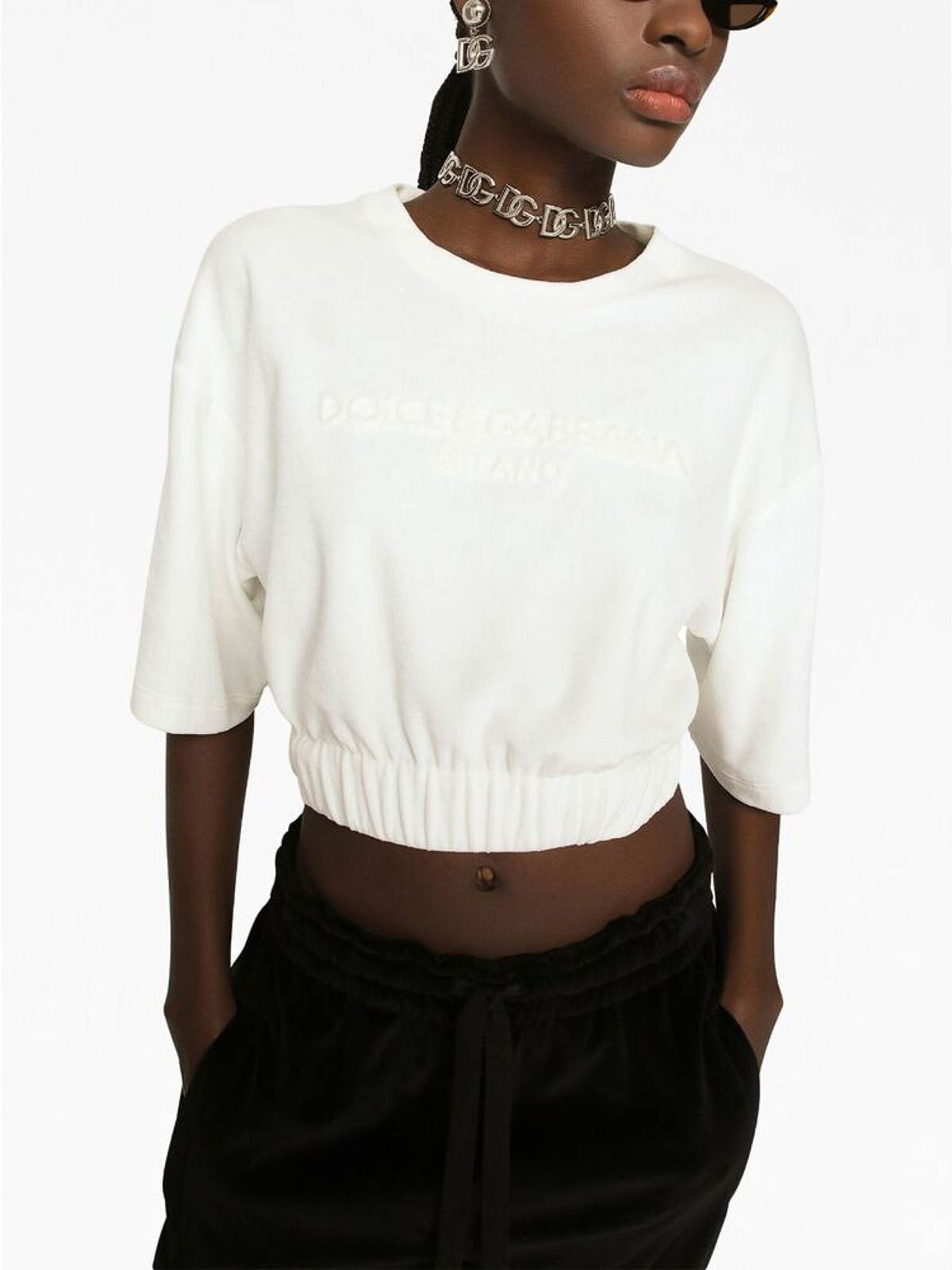 Shop Dolce & Gabbana Elasticated-waistband Cotton-blend T-shirt In White