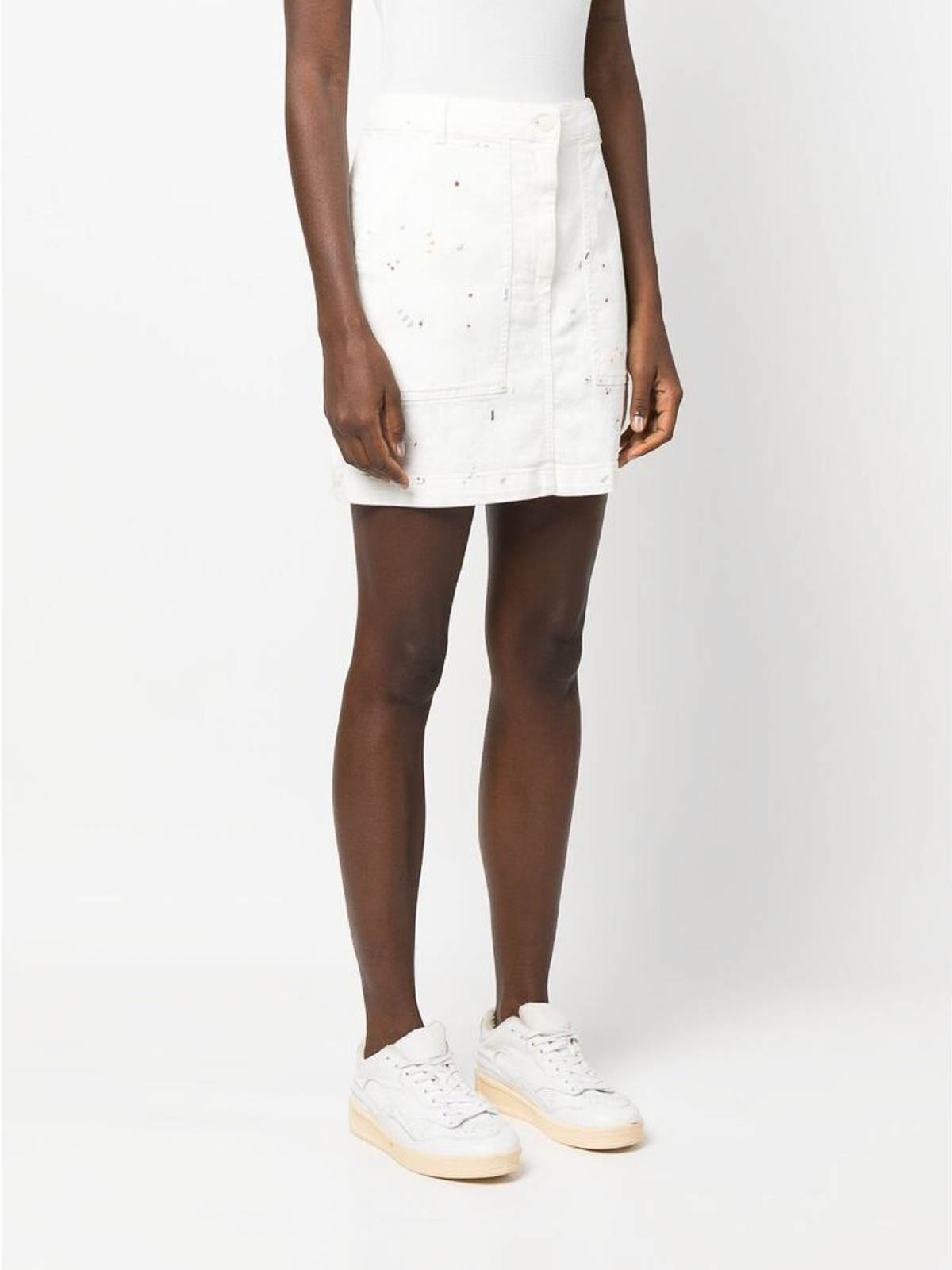 Shop Emporio Armani Whitemulticolor Paint-splatter Denim Skirt