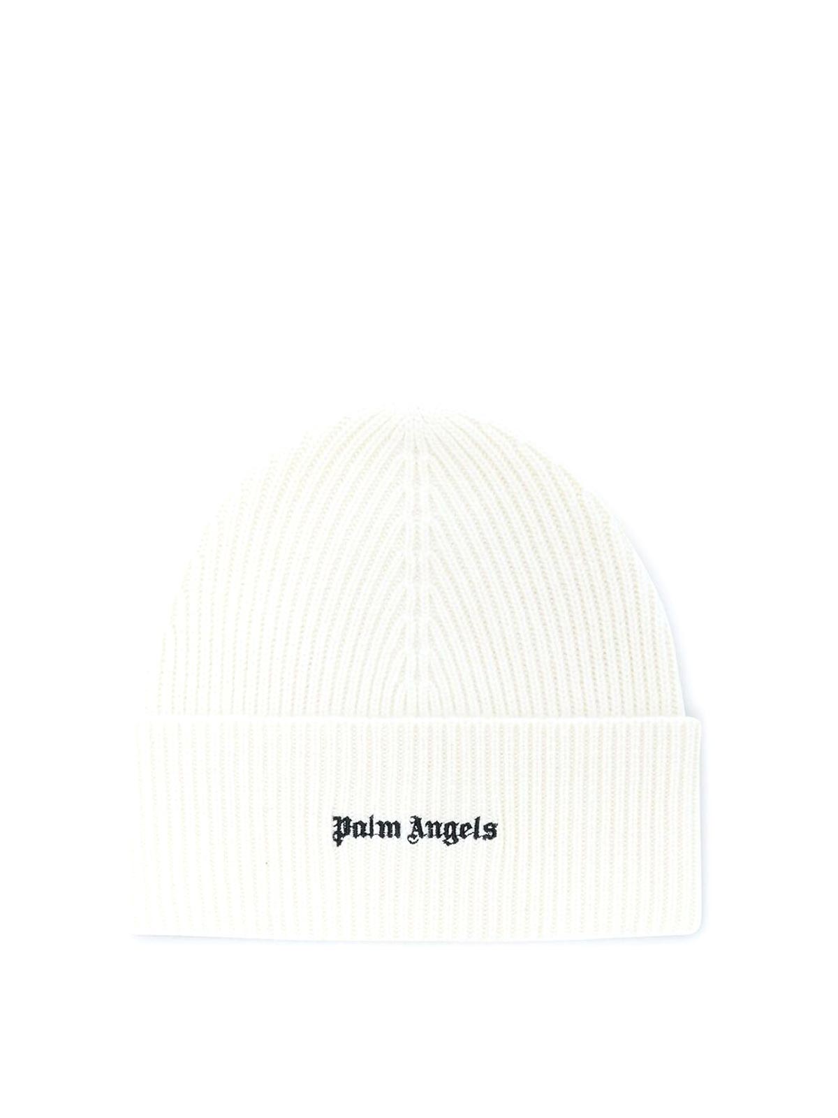 Palm Angels Logo-embroidered Ribbed-knit Wool-blend Beanie In White