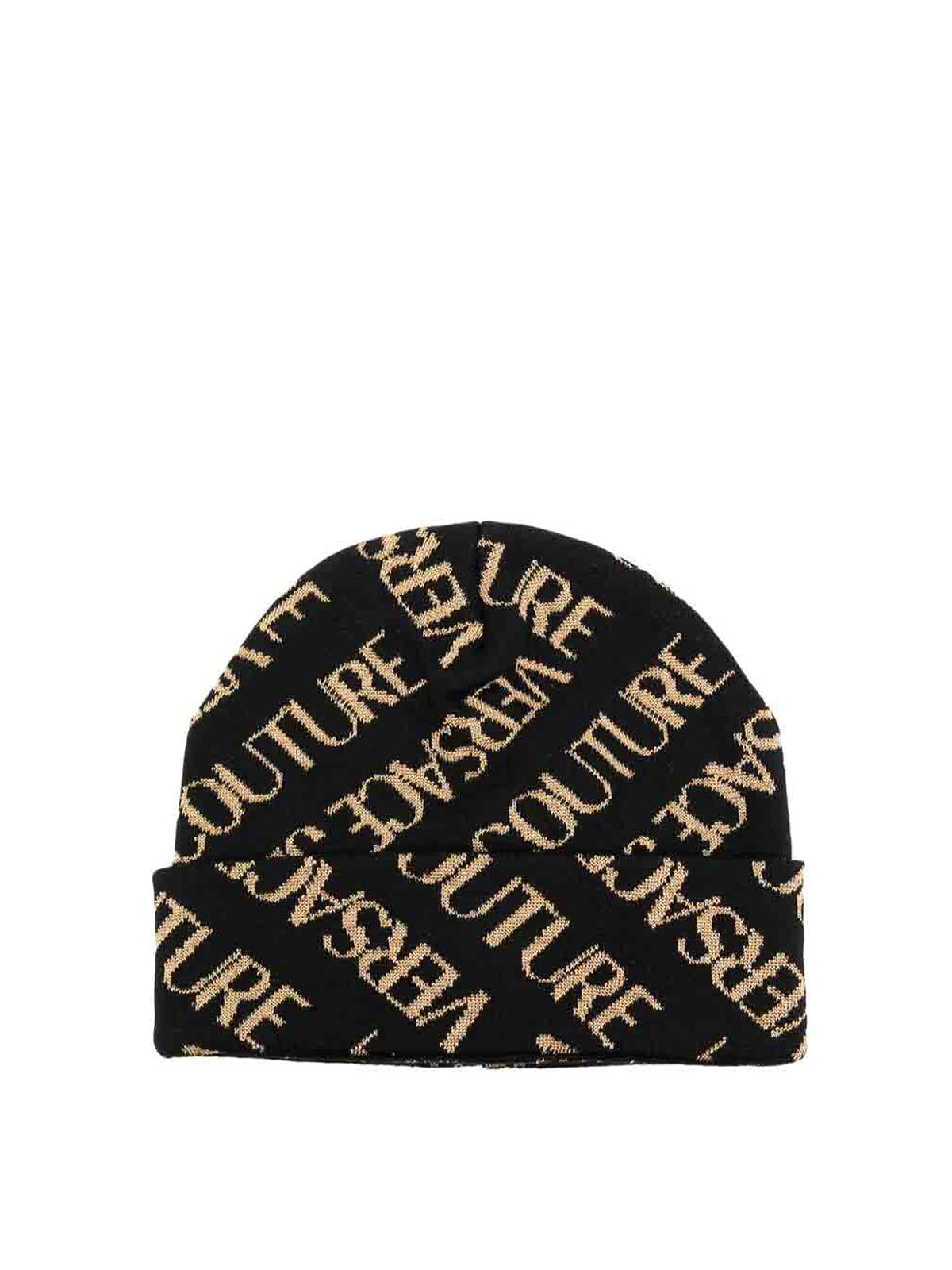 VERSACE JEANS COUTURE COUTURE INTARSIA-KNIT LOGO BEANIE JET BLACK