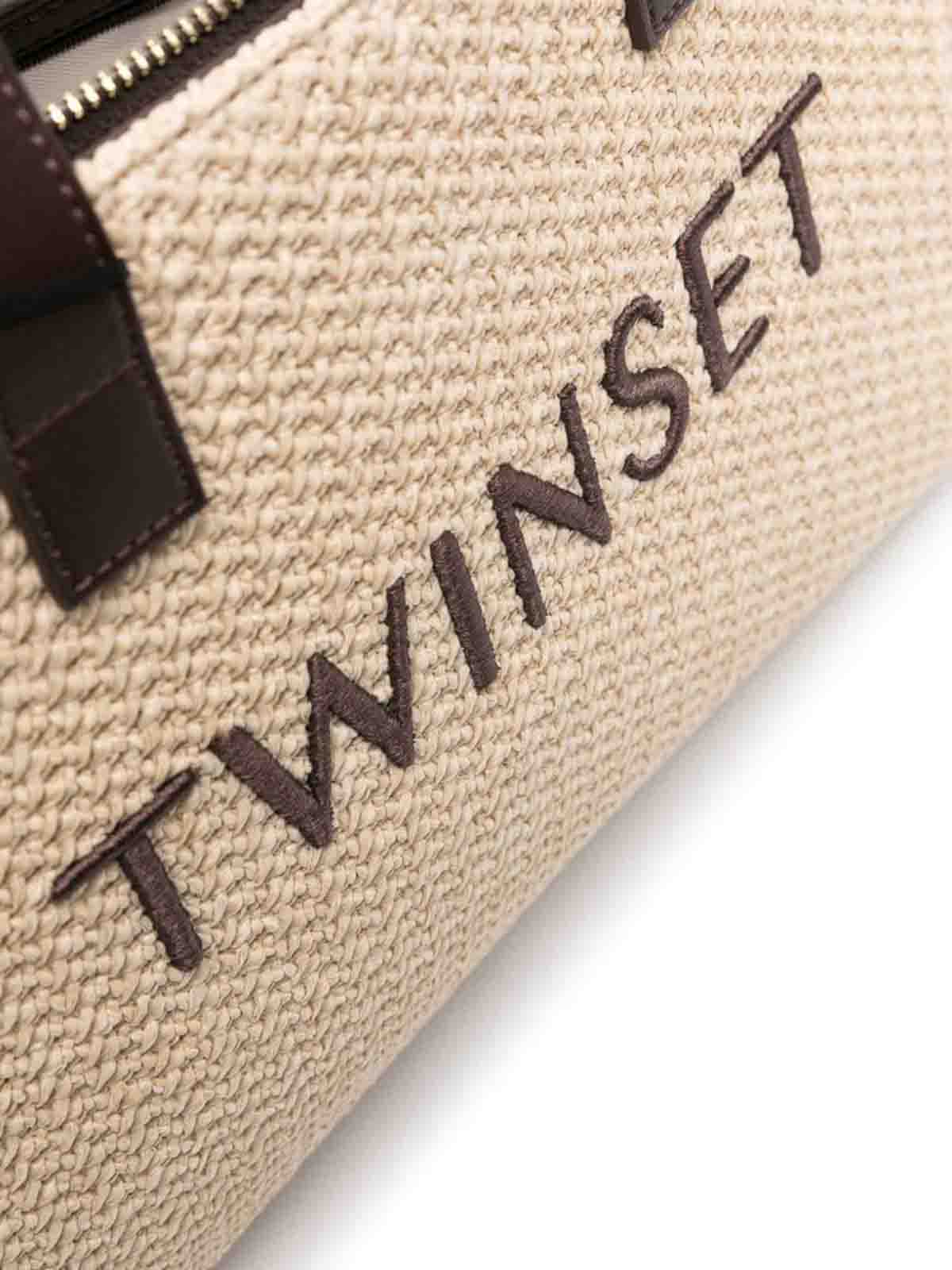 Shop Twinset Woven Design Top Handles Bag In Beige