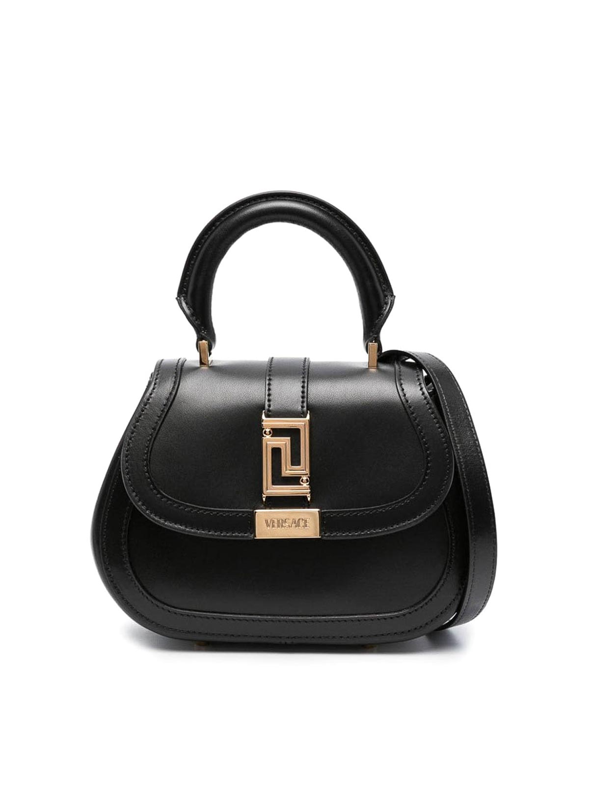 Shop Versace Black Mini Tote Bag With Gold-tone Logo