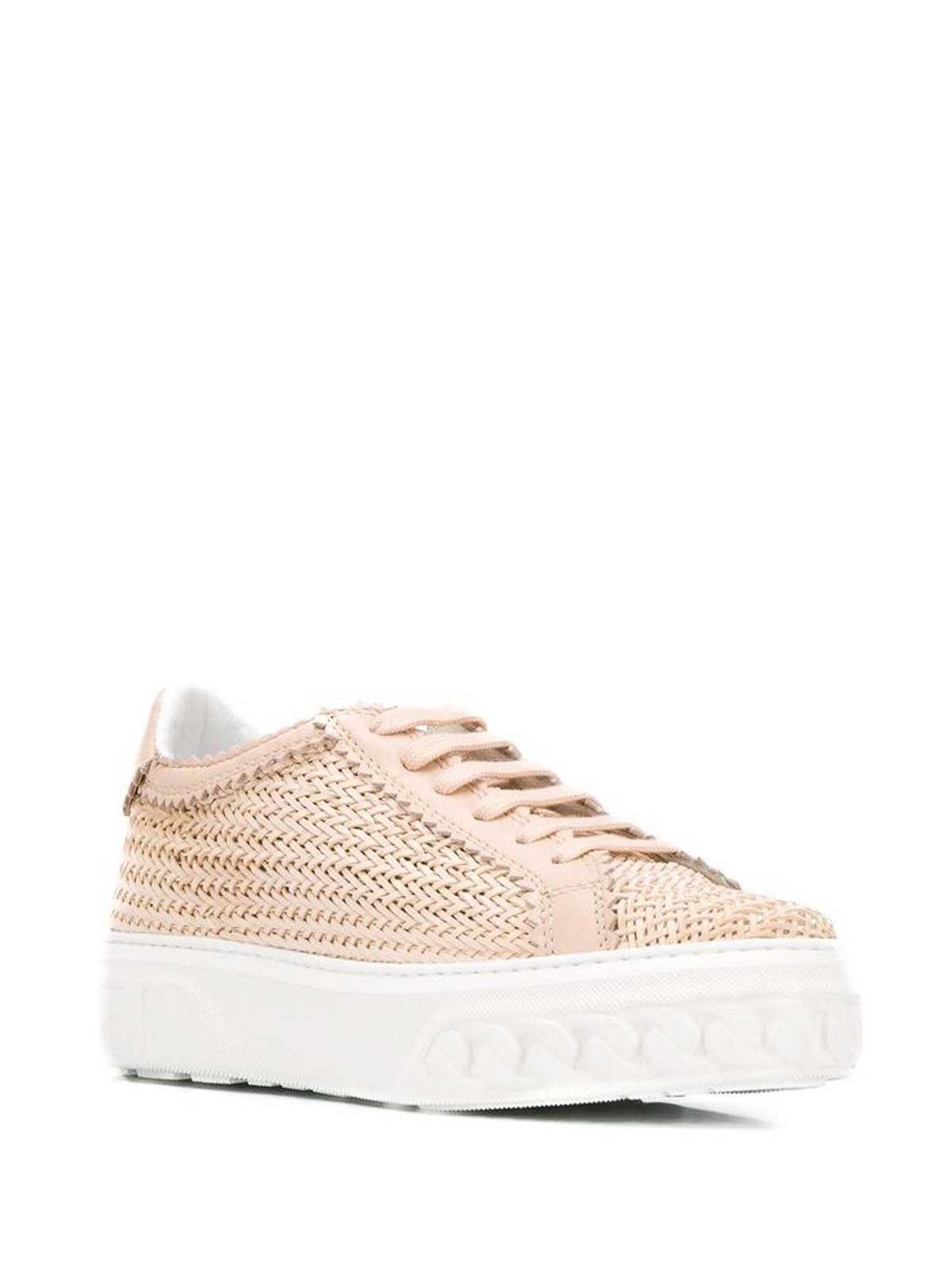 Shop Casadei White Woven Low-top Trainers In Nude & Neutrals