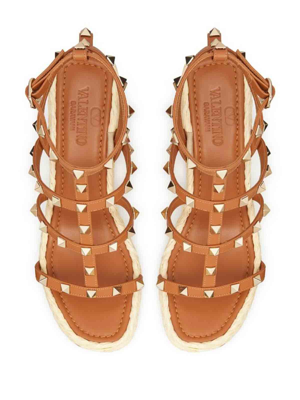 Shop Valentino Almond Beige Rockstud Sandals In Brown