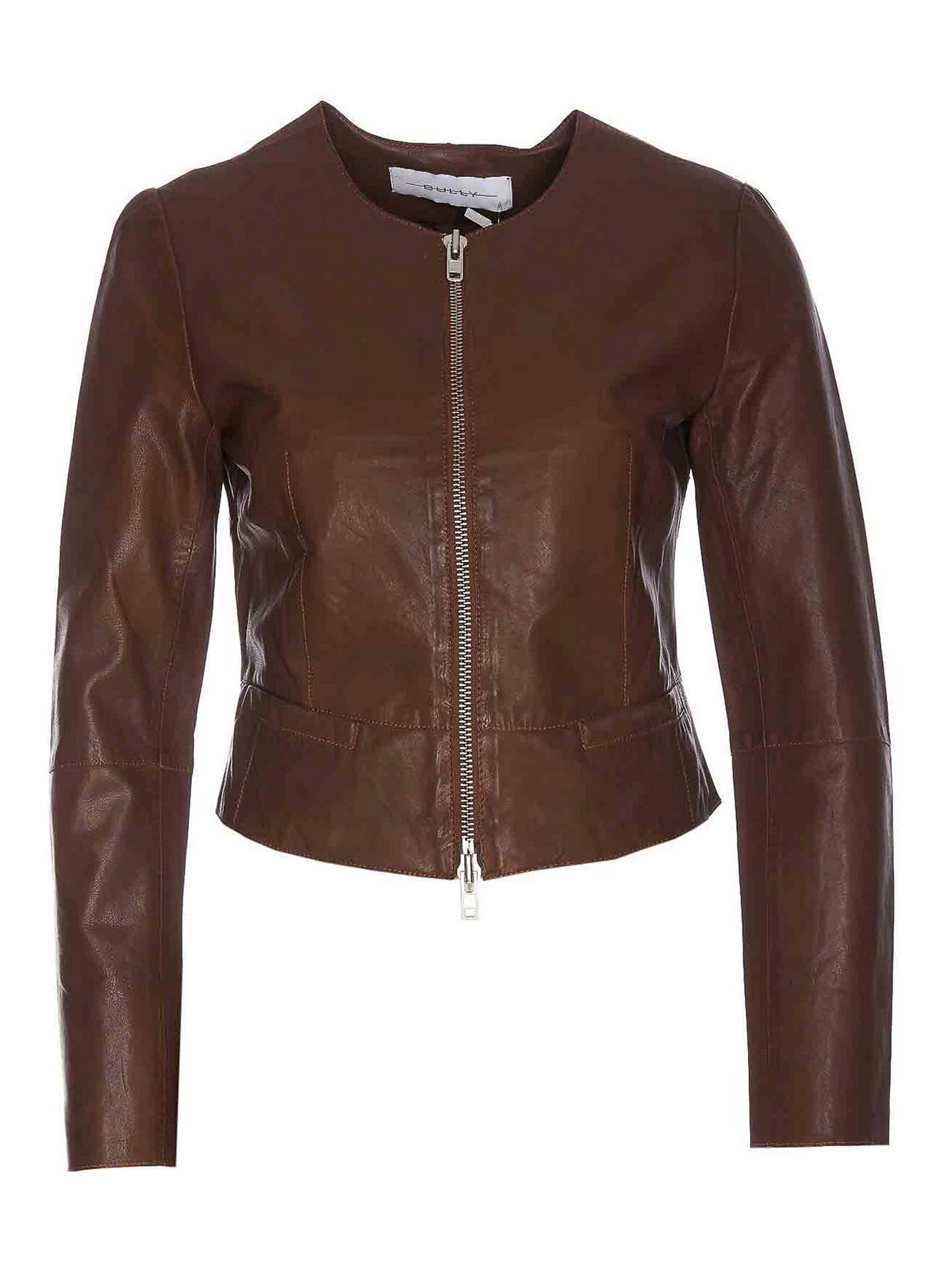 Shop Bully Brown Leather Jacket Frontal Zip Closure