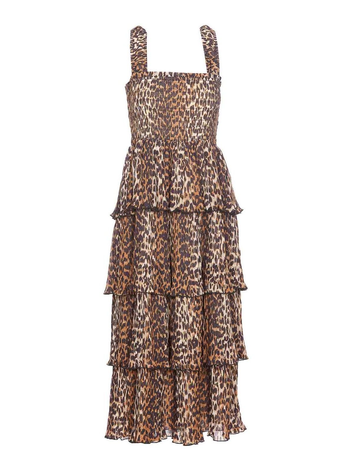 Shop Ganni Leopard Print Midi Dress In Beige