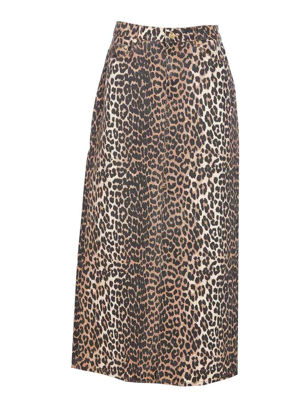 Ganni Leopard Denim Maxi Slit Skirt In Animal Print