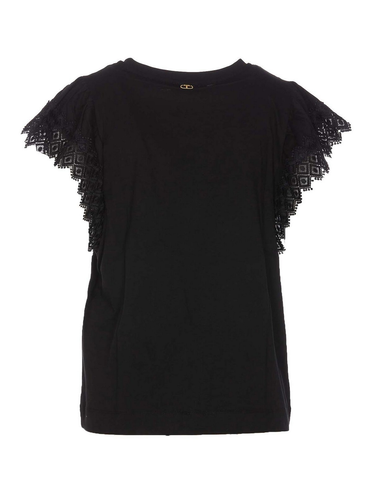 Shop Twinset T-shirt With Macrame Sleeves In Black