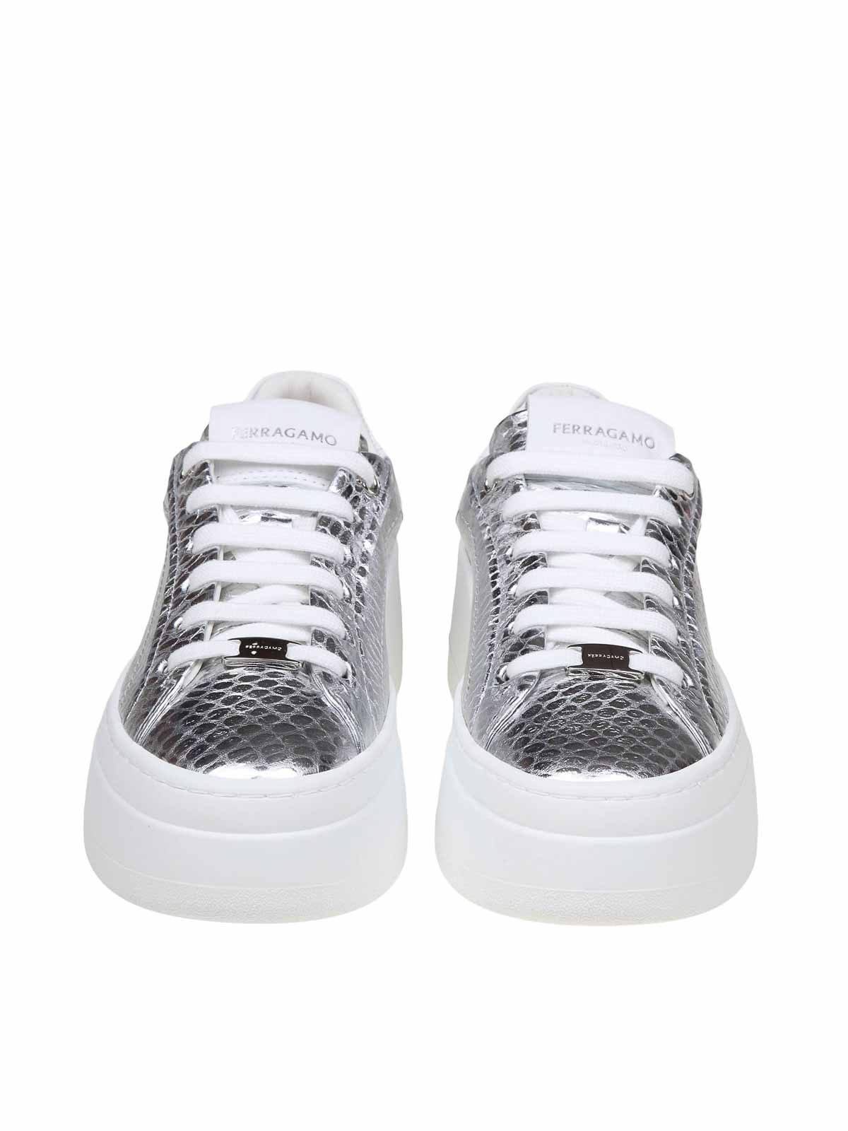Shop Ferragamo Dahlia Leather Sneakers In Silver
