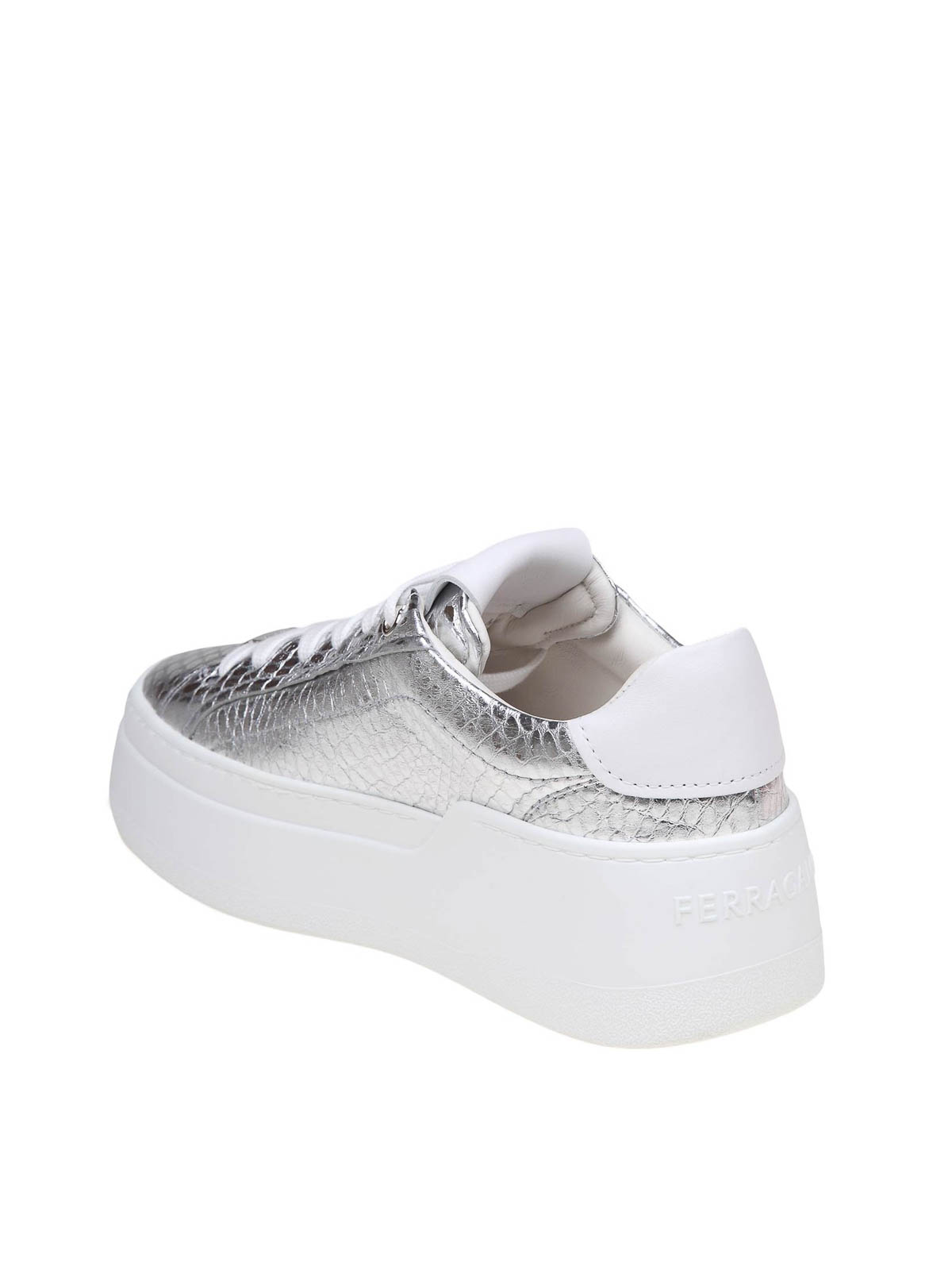 Shop Ferragamo Dahlia Leather Sneakers In Silver