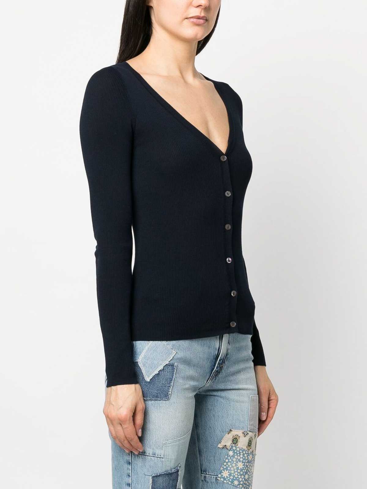 Shop P.a.r.o.s.h Ribbed-knit V-neck Cardigan In Blue