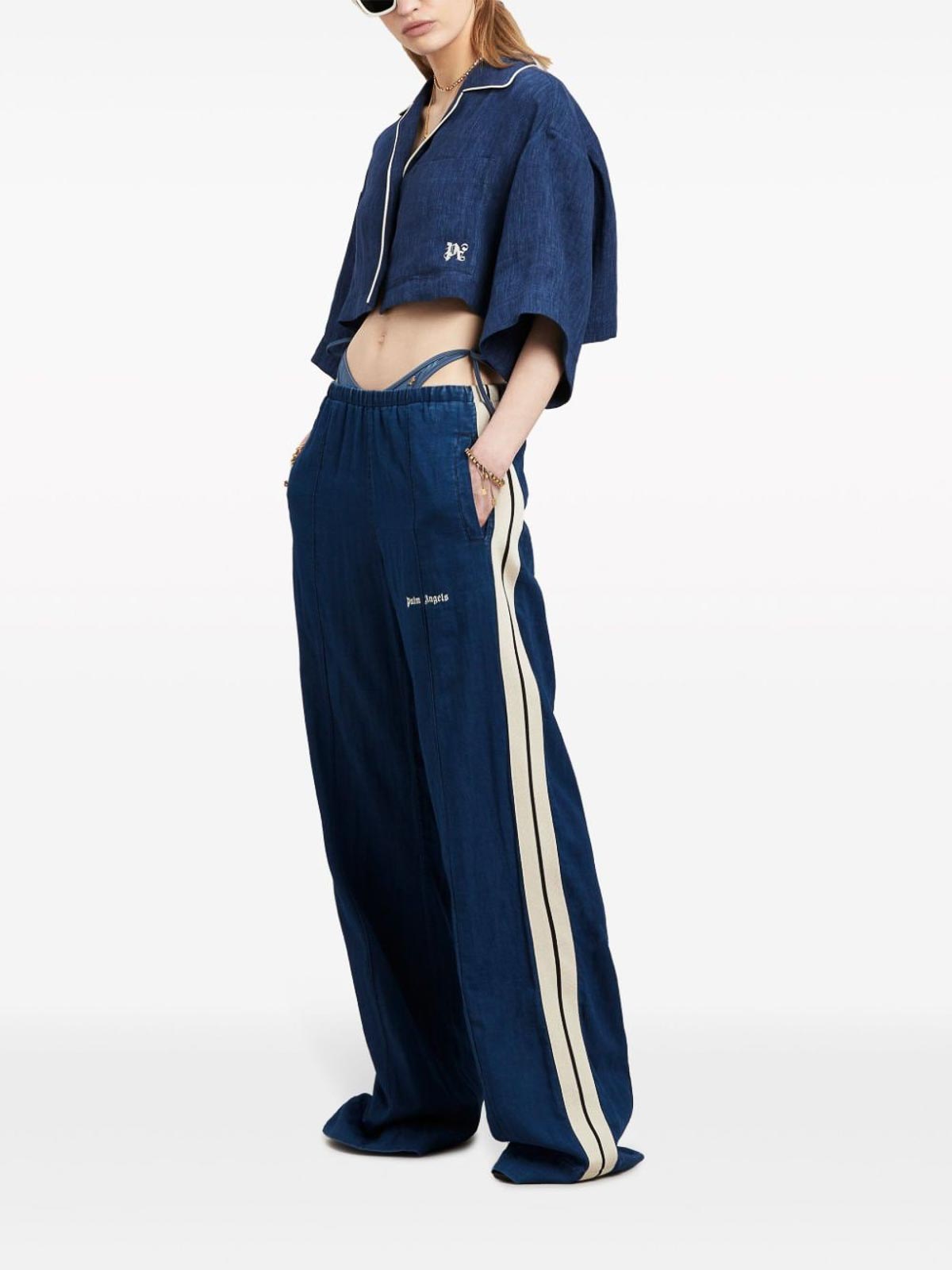 Shop Palm Angels Side-stripe Chambray Trousers In Blue