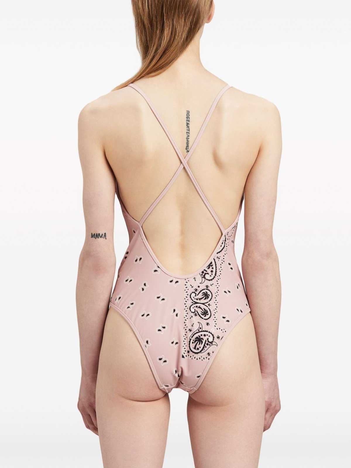Shop Palm Angels Paisley-print Criss-cross Swimsuit In Nude & Neutrals