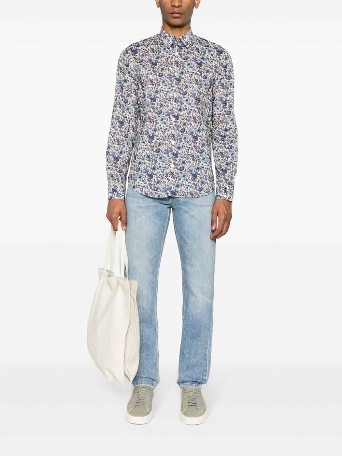 Shop Paul Smith Floral-print Organic Cotton Shirt In Light Blue