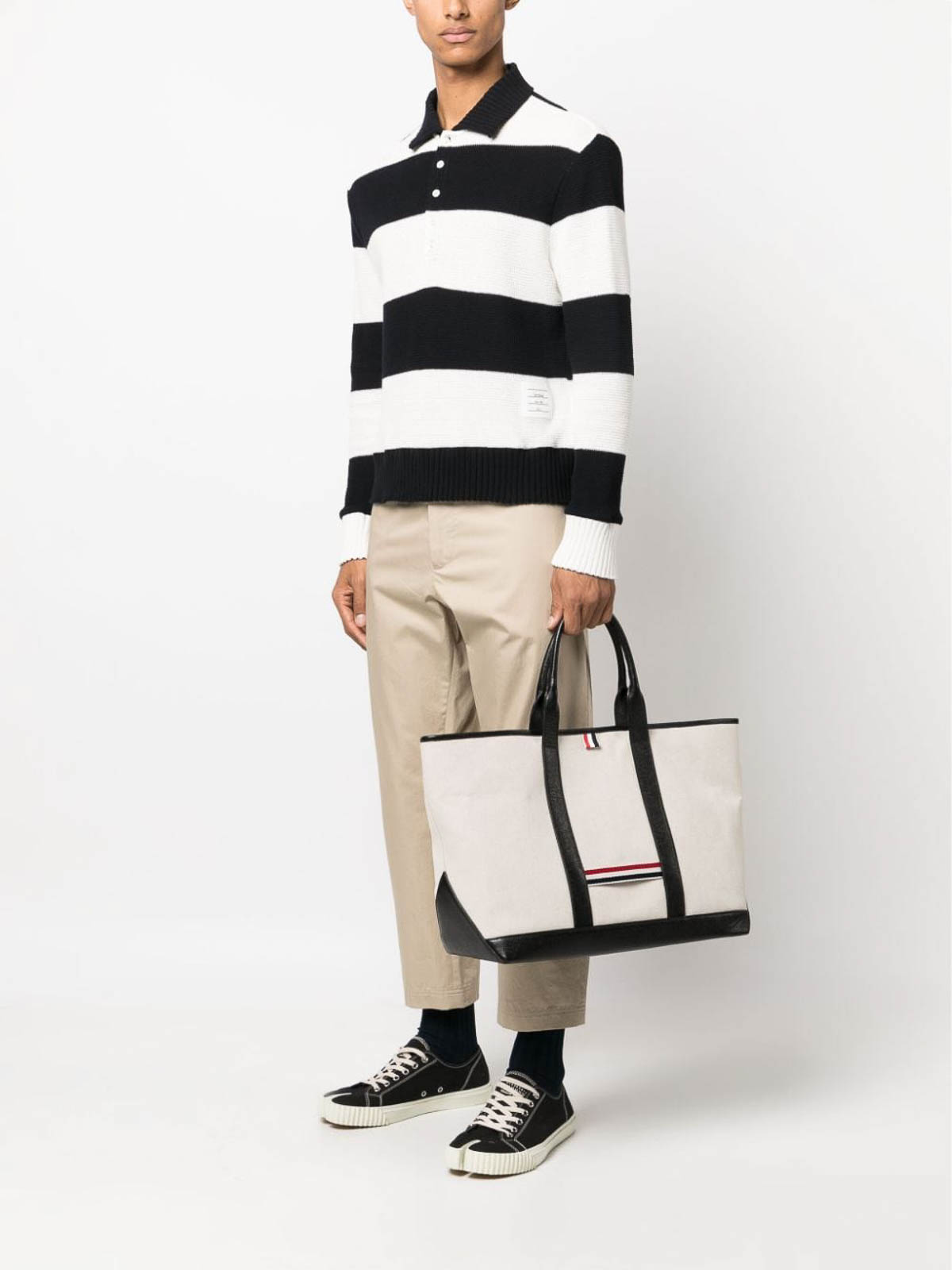 Shop Thom Browne Medium Rwb-stripe Tote Bag In Black
