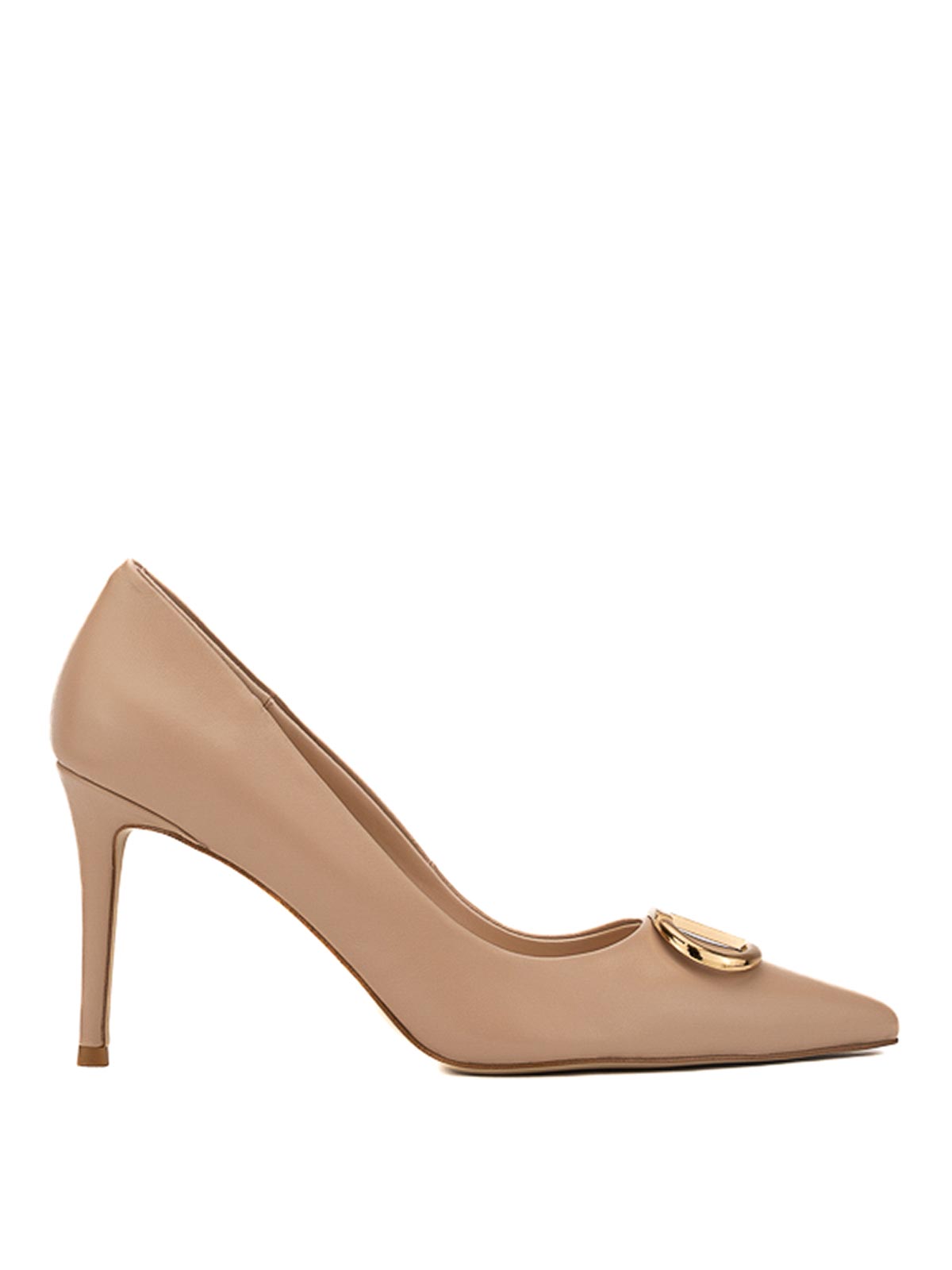 Shop Twinset Leather Pumps With Logo In Beige