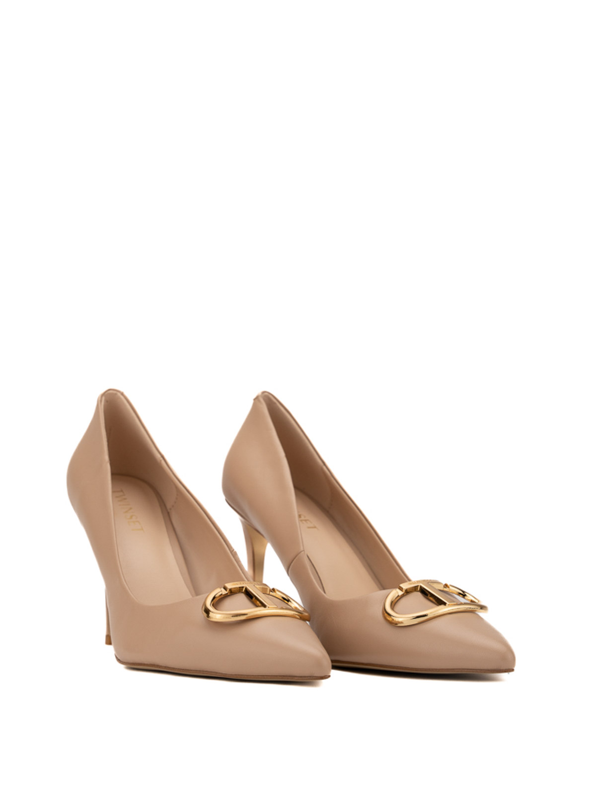 Shop Twinset Leather Pumps With Logo In Beige