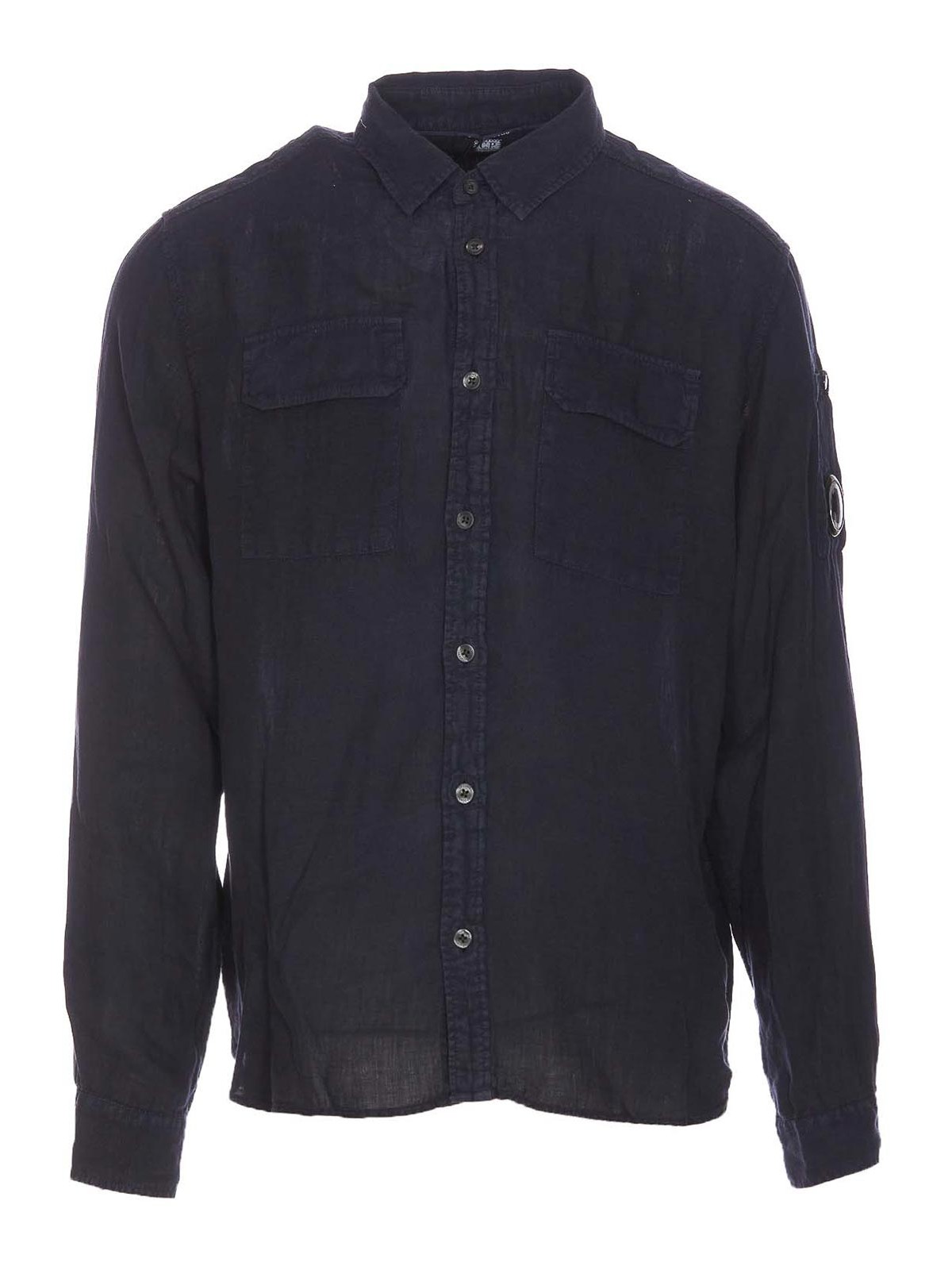 Shop C.p. Company Logo Linen Shirt In Blue