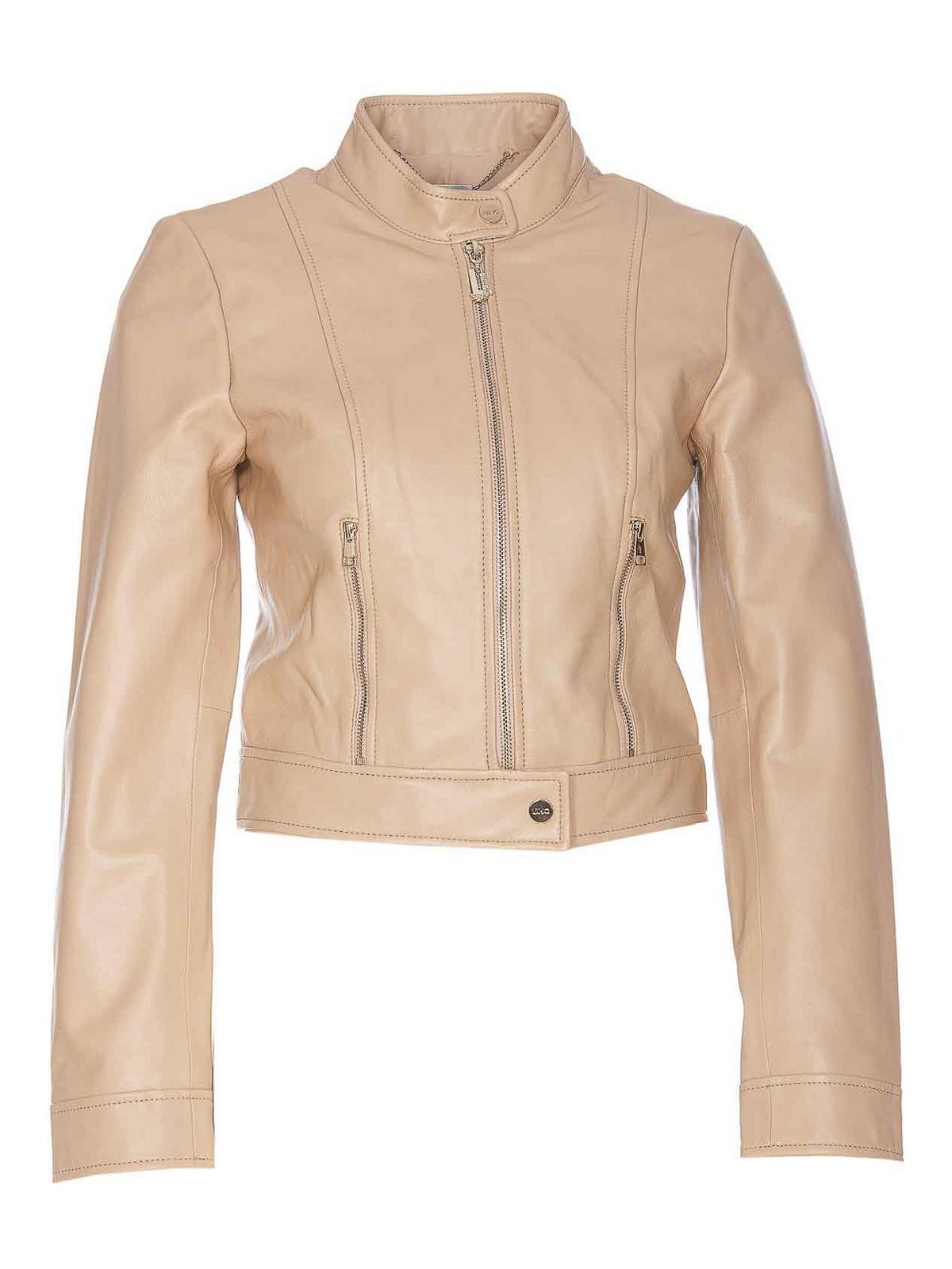 Shop Liu •jo Beige Jacket Frontal Zip Collar
