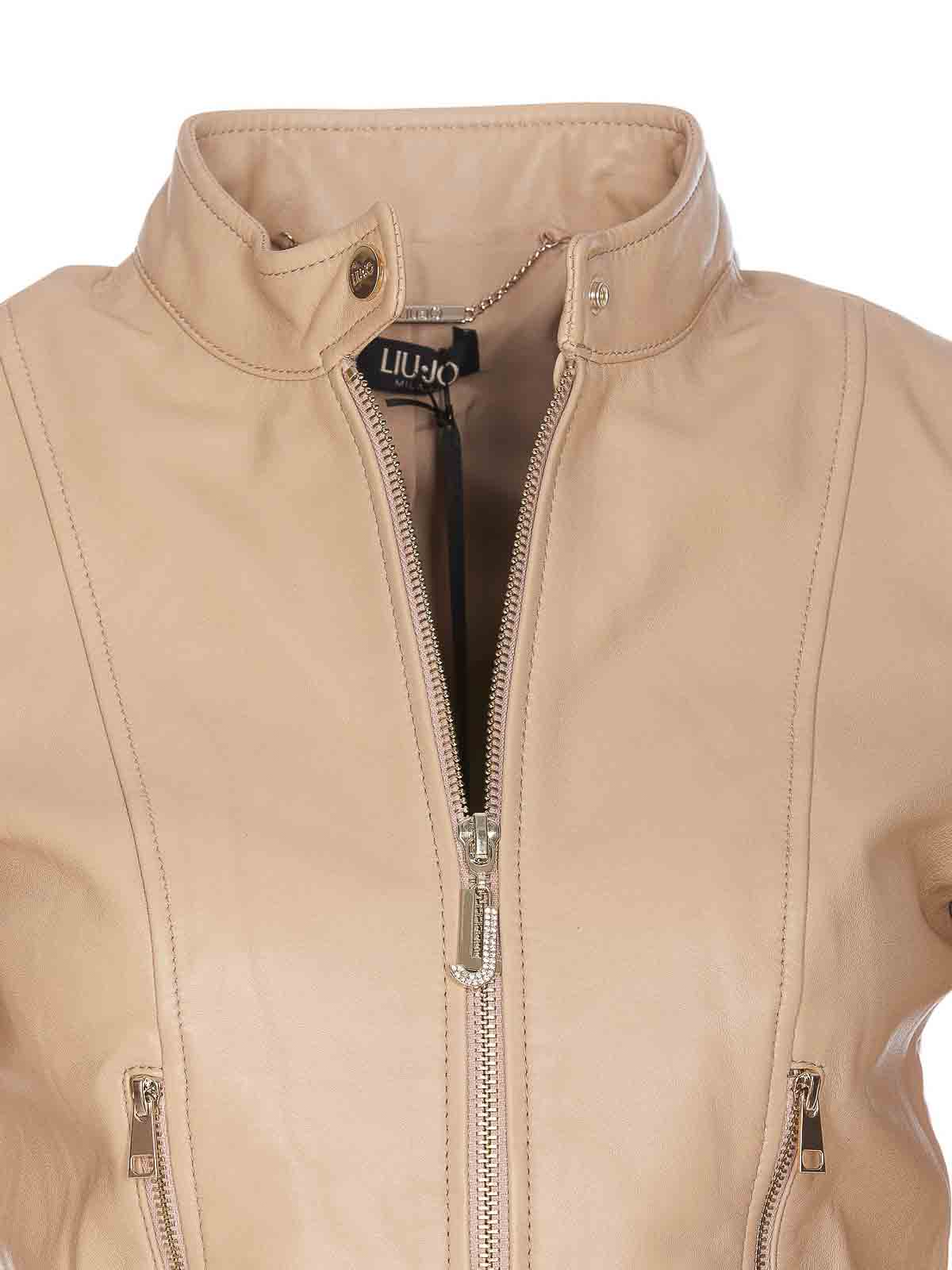 Shop Liu •jo Beige Jacket Frontal Zip Collar